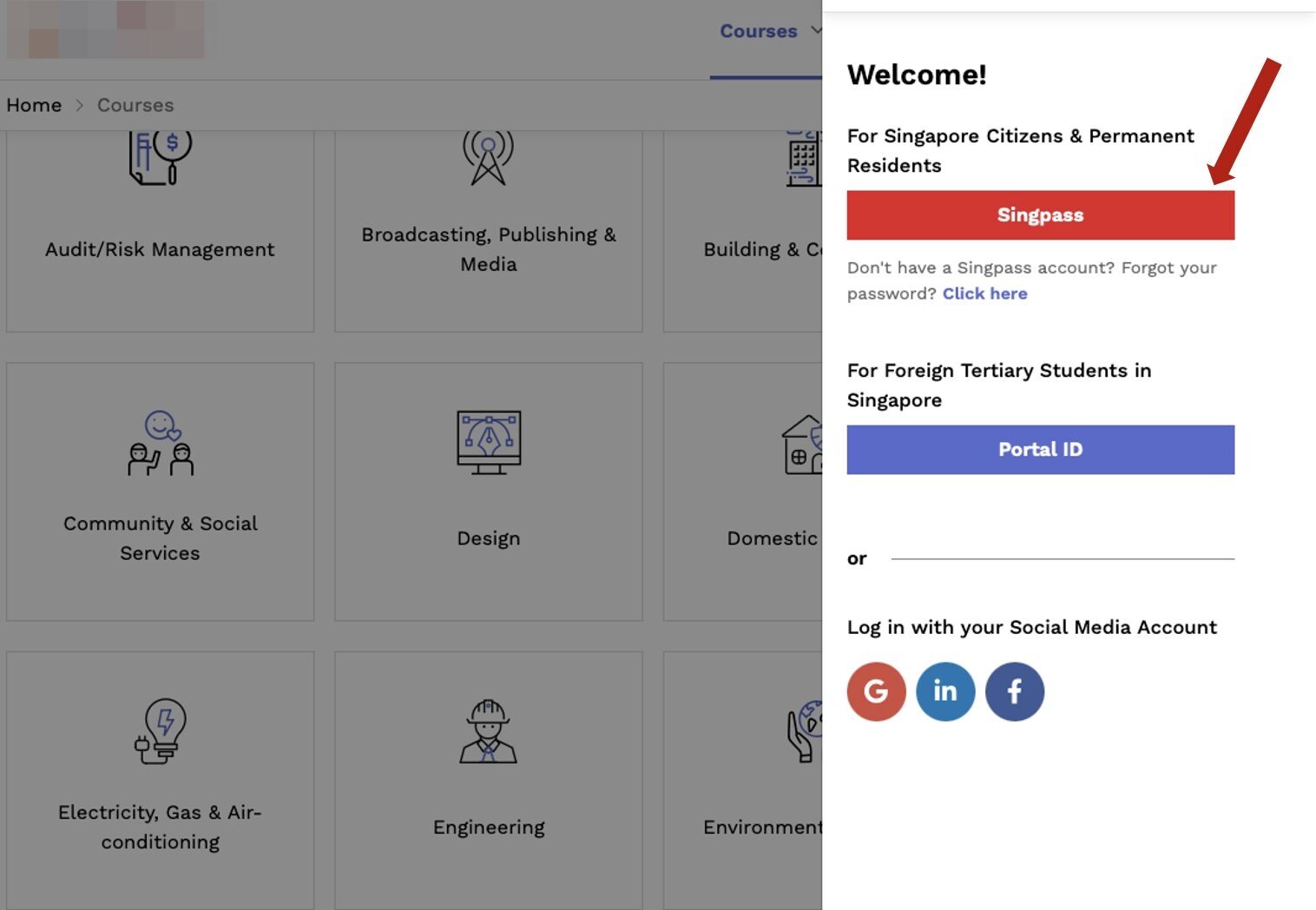 Screenshot shows how to enter Singpass when logging in on SkillsFuture website