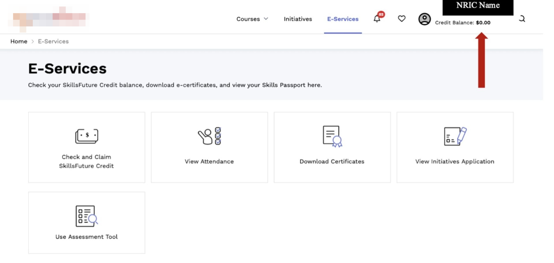 Screenshot shows where you can view your SkillsFuture Credit balance in SkillsFuture account