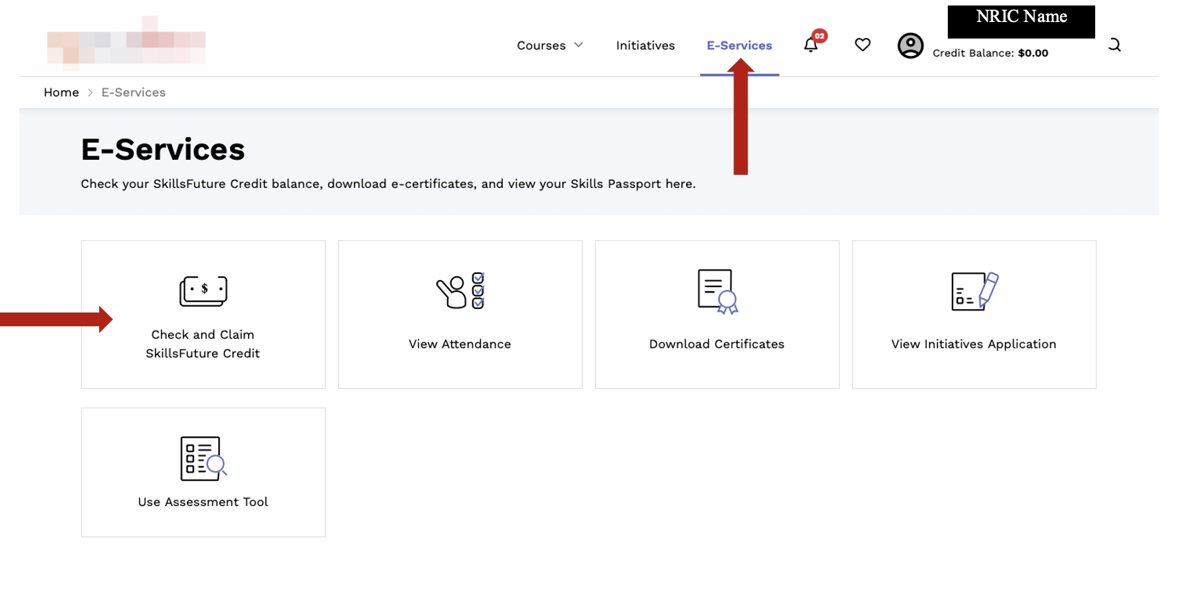 Screenshot directs users to click on'e-services' once they log in into their SkillsFuture account, and then click on 'Check and Claim SkillsFuture Credit' button to claim SkillsFuture Credits.