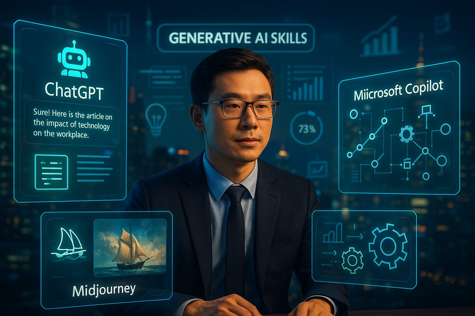 Mastering Practical Generative AI Skills with the Right AI Course rofessional learning Generative AI skills with interactive displays of ChatGPT, Microsoft Copilot, and Midjourney — representing hands-on skills taught in AI courses for career advancement.