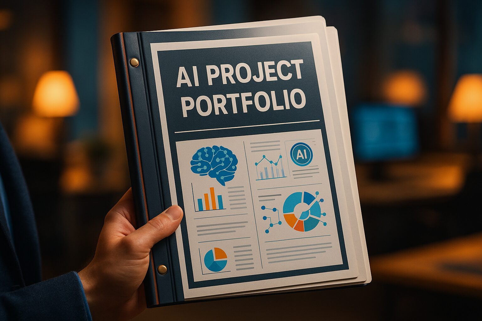 Sample image of an AI project portfolio showcasing completed projects, data visualisations, AI models, and practical applications — representing the type of hands-on work learners build in AI courses Sample image of an AI project portfolio showcasing completed projects, data visualisations, AI models, and practical applications — representing the type of hands-on work learners build in AI courses.