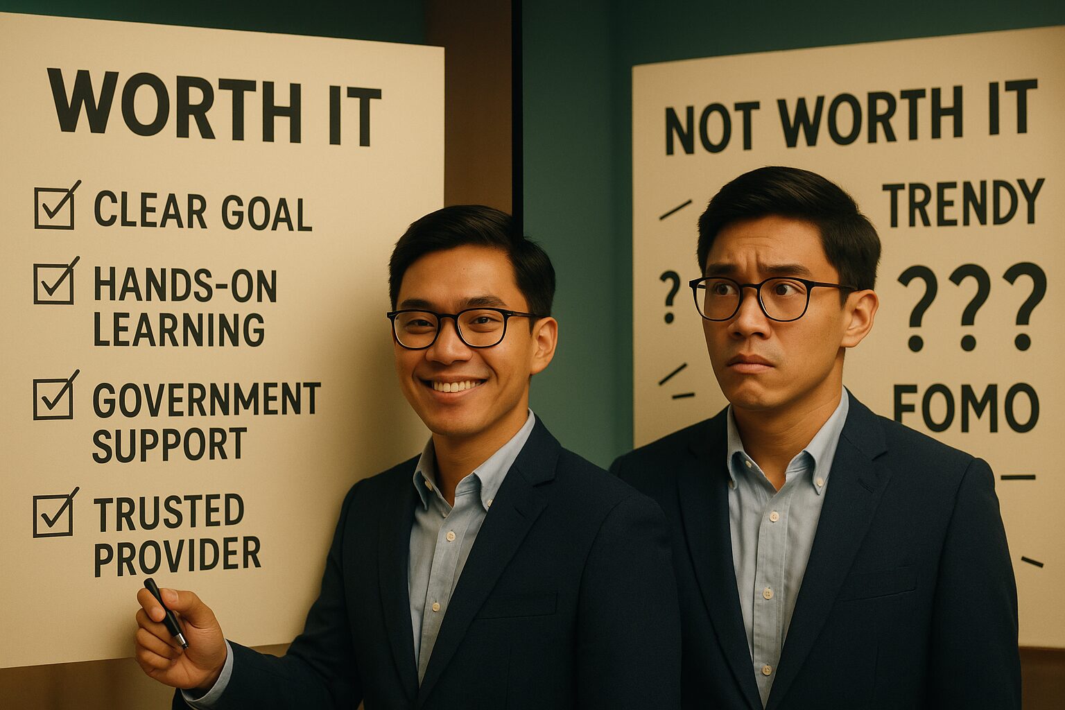 Worth It or Not? Deciding on an AI Course in Singapore Two men debating the value of an AI course in Singapore. One smiles confidently beside a “Worth It” checklist of clear goals, hands-on learning, government support, and trusted provider; the other looks uncertain next to a “Not Worth It” list with trendy, FOMO, and question marks.