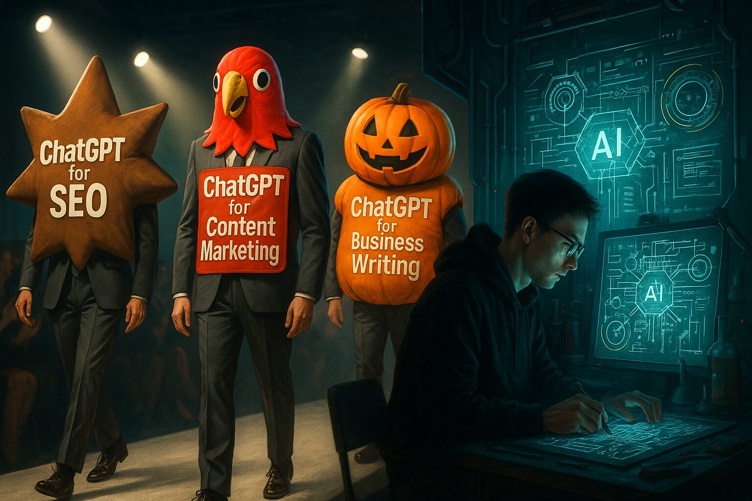 Surreal split-scene showing a fashion runway with professionals in silly costumes labeled “ChatGPT for SEO,” “Content Marketing,” and “Business Writing,” symbolising superficial AI courses. On the right, a focused individual works in a futuristic lab, engaging with deep AI systems—representing meaningful, tool-focused AI learning in Singapore.
