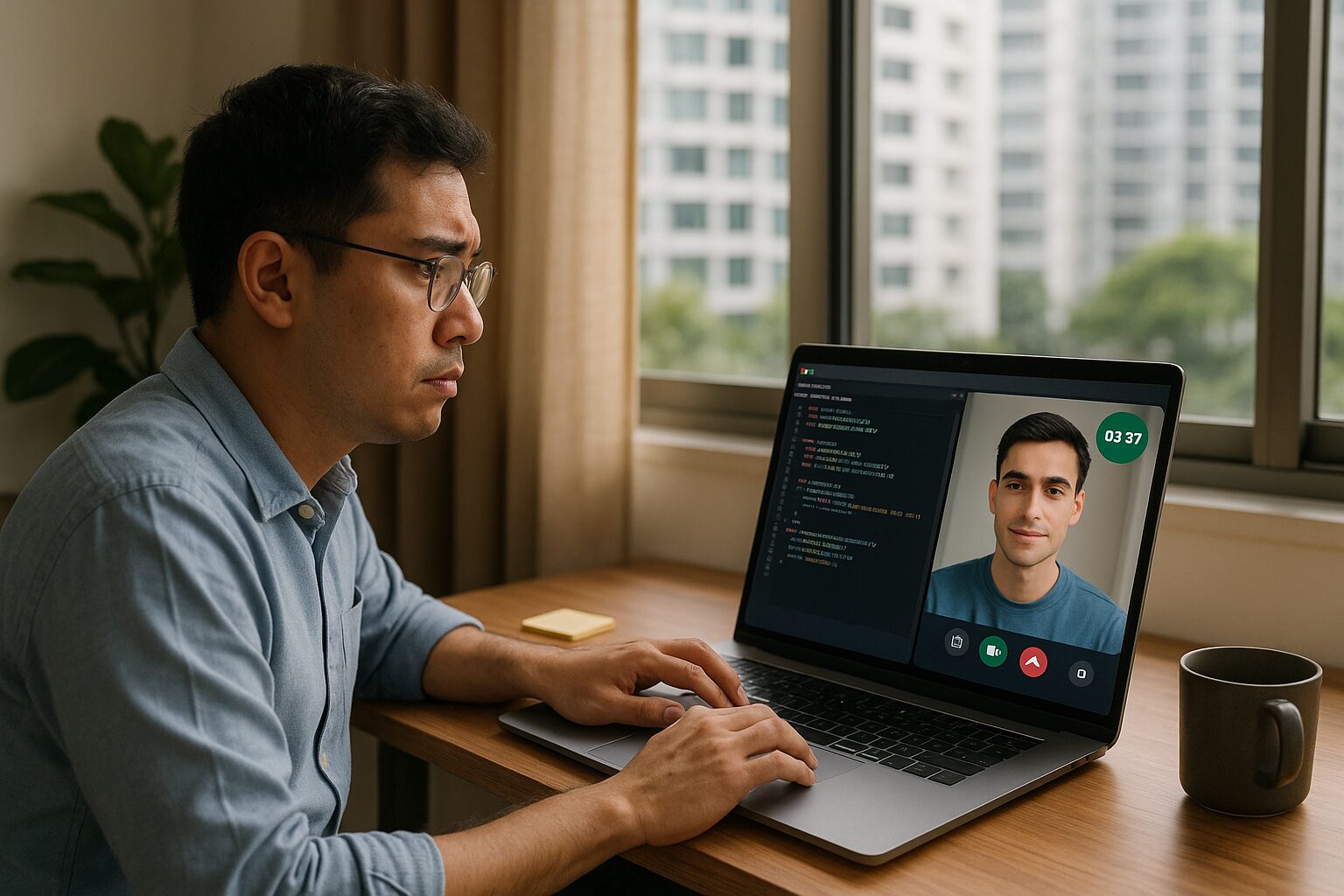 Man practicing for a tech interview through a virtual mock coding session on a laptop, with code editor and video call interface visible on screen.