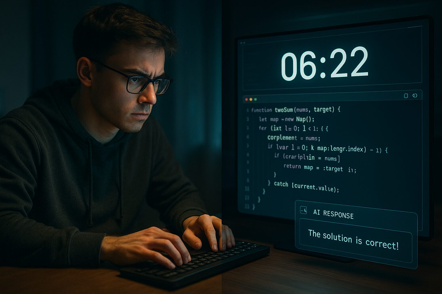 Focused candidate solving a timed coding challenge during a tech interview, with code and AI feedback displayed on screen.