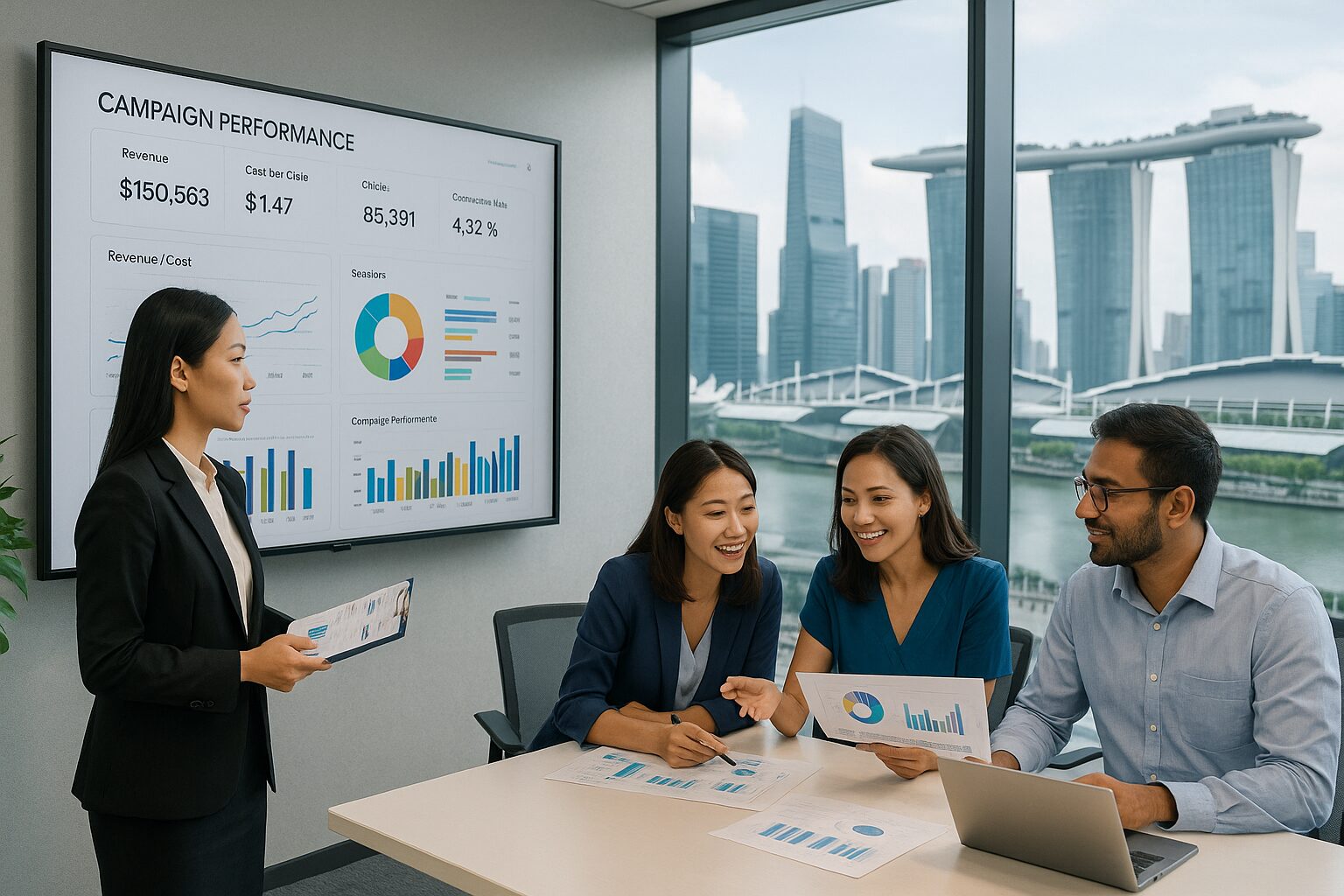 A team of professionals collaborating on data dashboards in a Singapore office, using business analytics to guide decision-making.