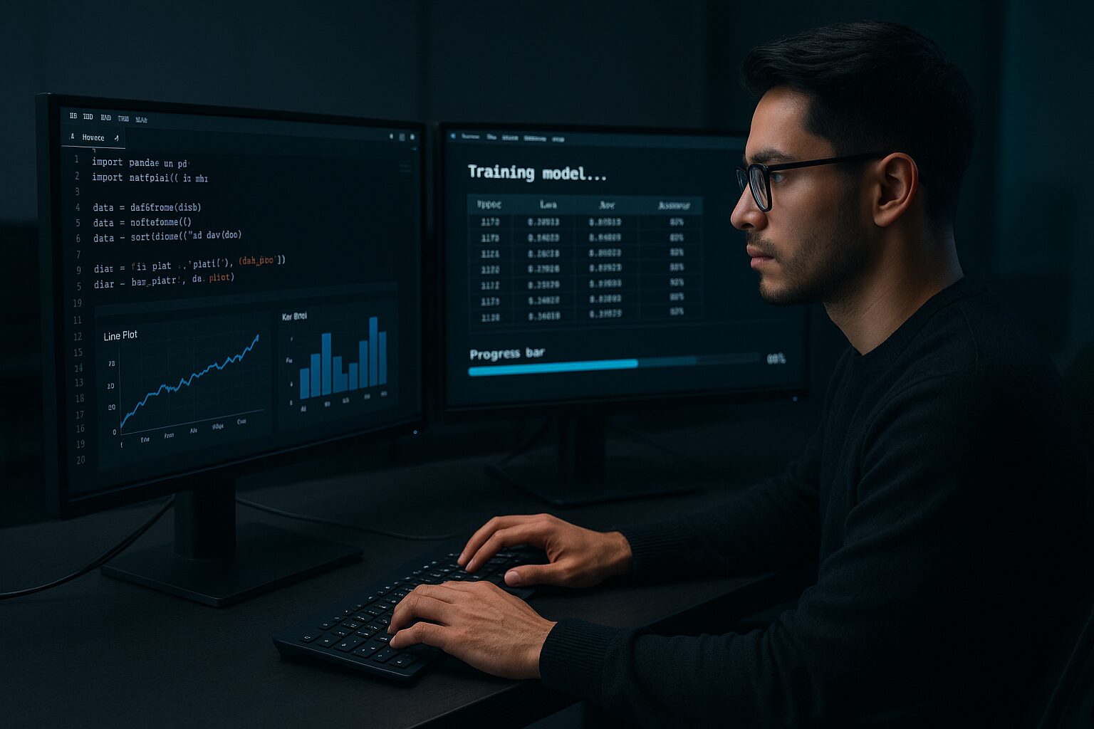 A tech professional coding in Python with data visualisations and machine learning model training displayed on dual monitors.