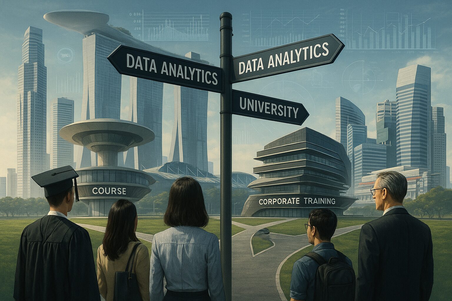 Multiple professionals choosing between different data analytics education paths in Singapore—university, course, and corporate training.