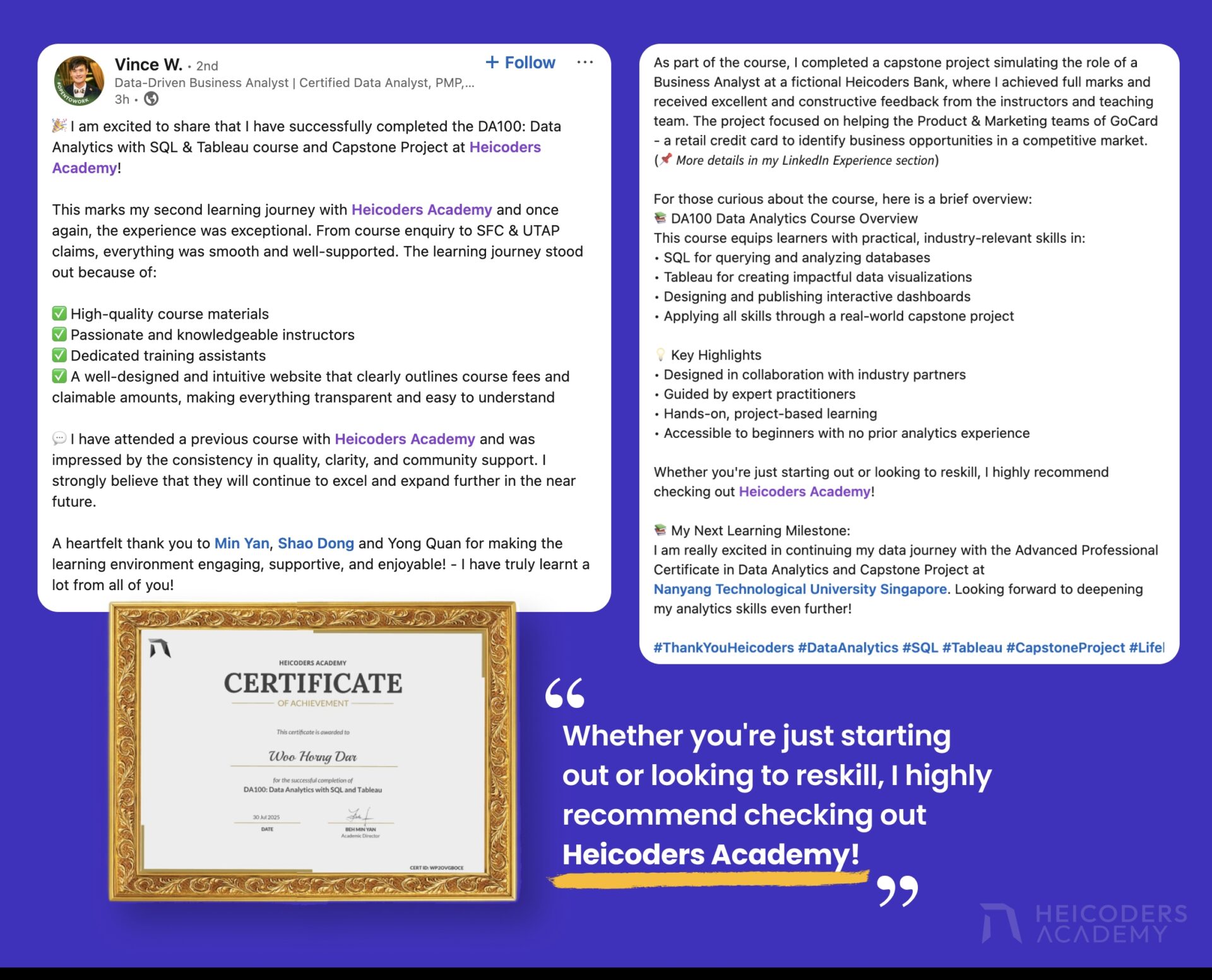 Real student testimonial highlighting a positive experience with Heicoders Academy’s data analytics course in Singapore, including SQL, Tableau, and capstone project.