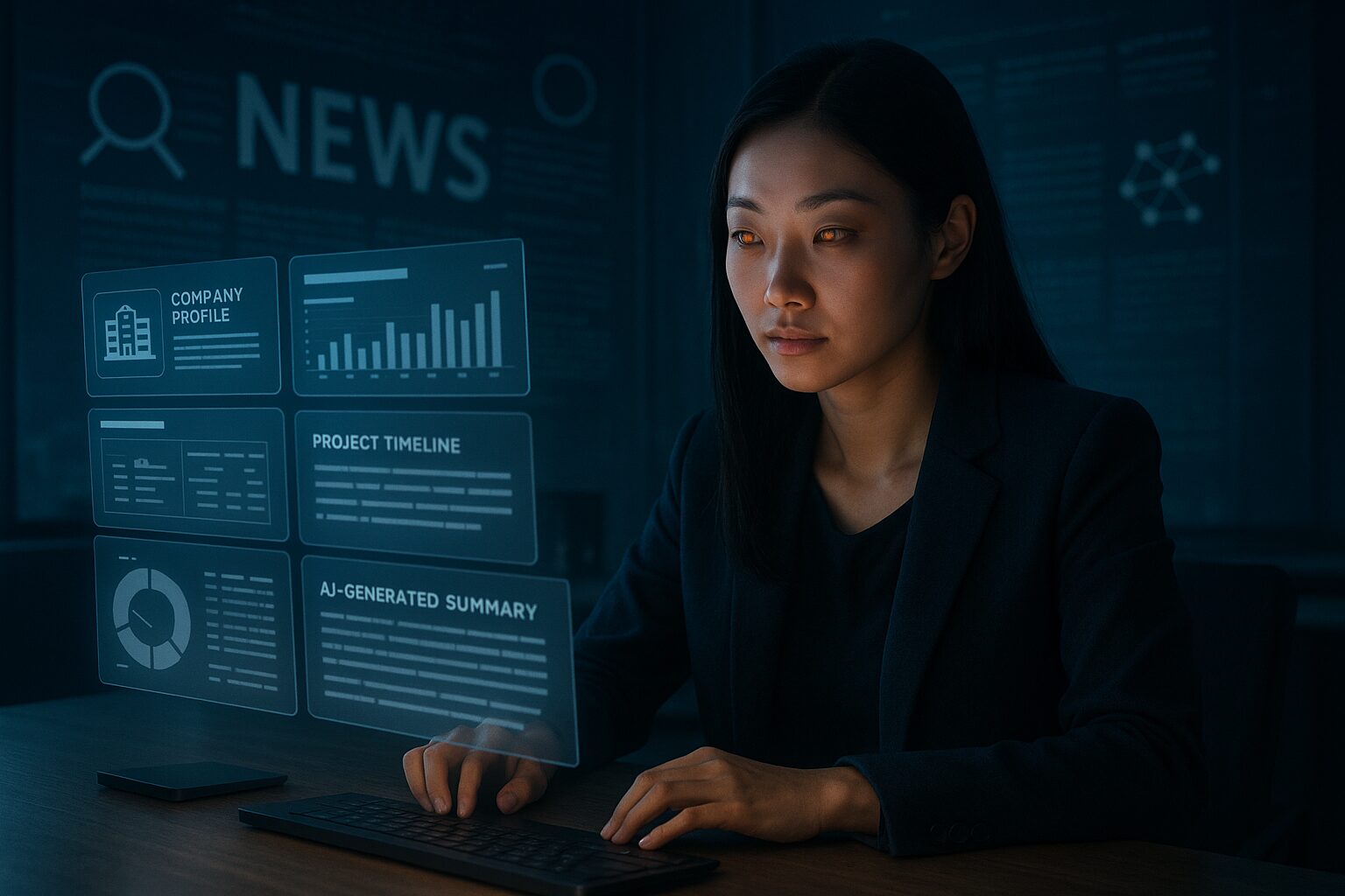 Using Generative AI to Research Companies for Interviews Professional woman using Generative AI tools to analyse company profiles, project timelines, and summaries on a futuristic holographic interface.