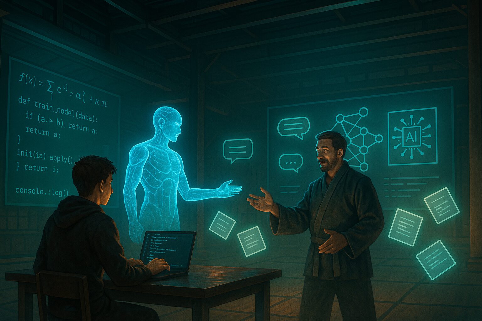Sharpening Technical Skills with Generative AI Learner practising coding in a dojo-like setting, guided by a holographic AI assistant and a human mentor, symbolising Generative AI-enhanced technical training.