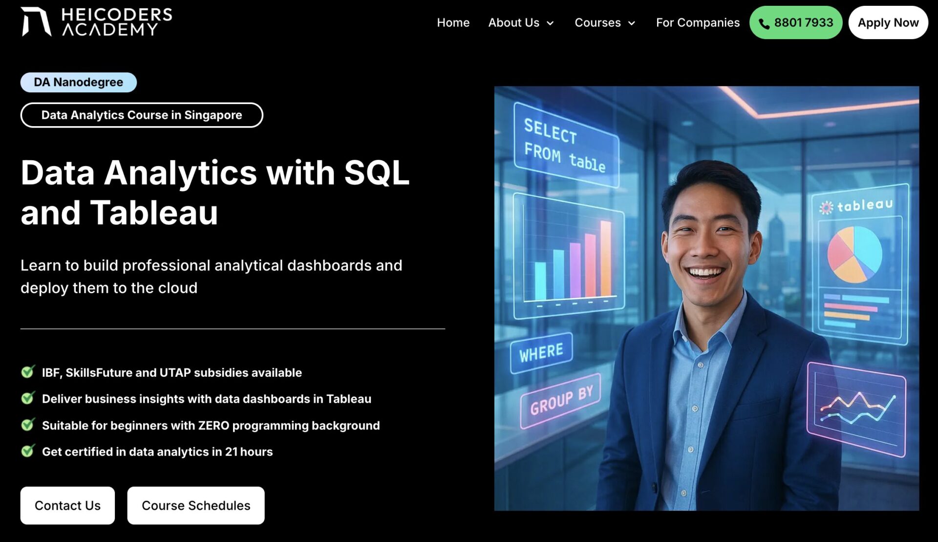 Smiling professional standing in front of digital dashboards featuring SQL and Tableau, symbolising practical data analytics skills training.
