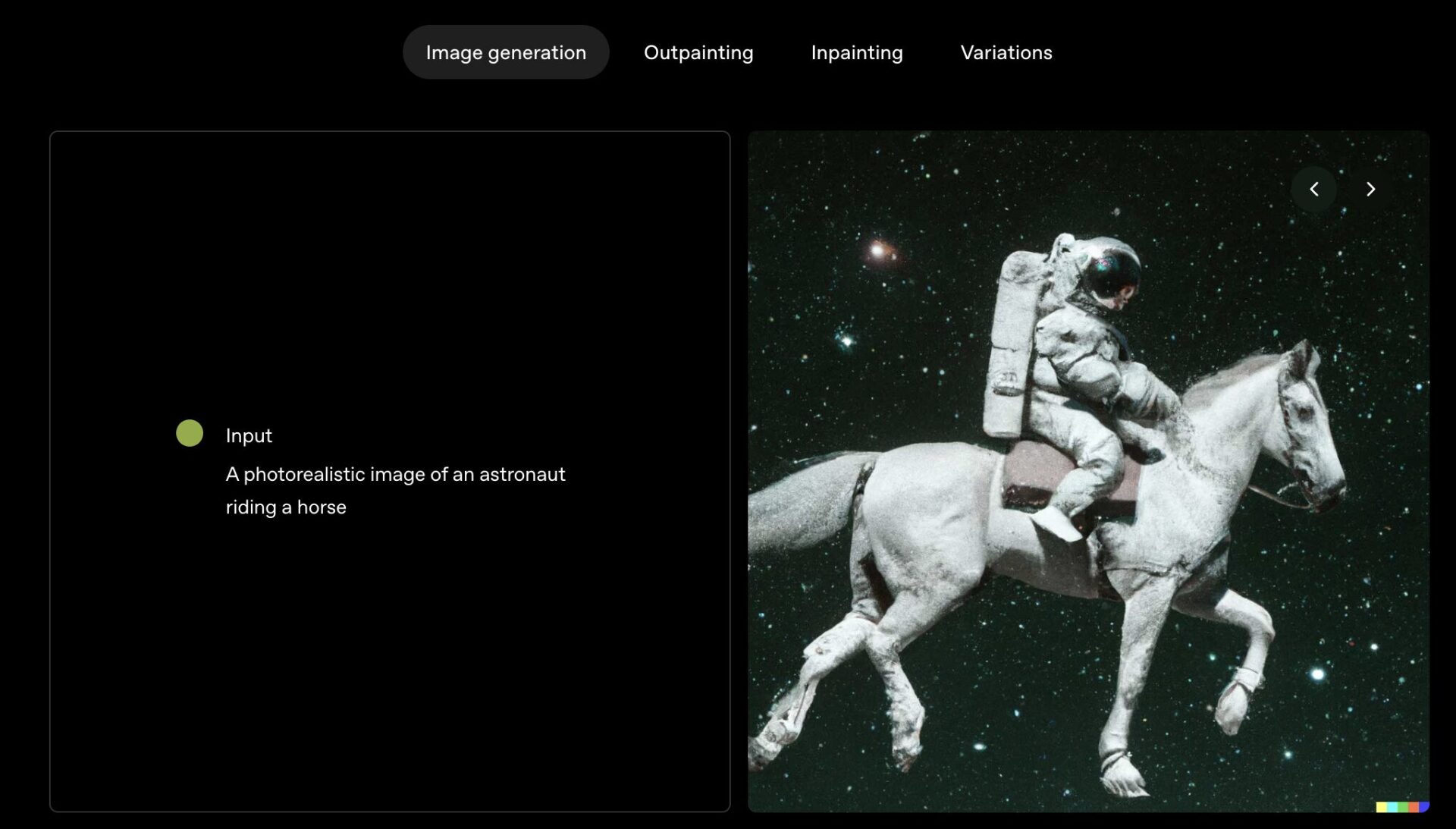 A surreal AI-generated image of a photorealistic astronaut riding a white horse through space — created using DALL·E's image generation tool.