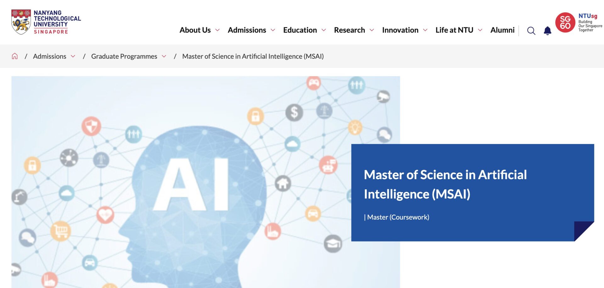 Nanyang Technological University (NTU) — MSc in Artificial Intelligence Nanyang Technological University (NTU)'s MSc in Artificial Intelligence banner