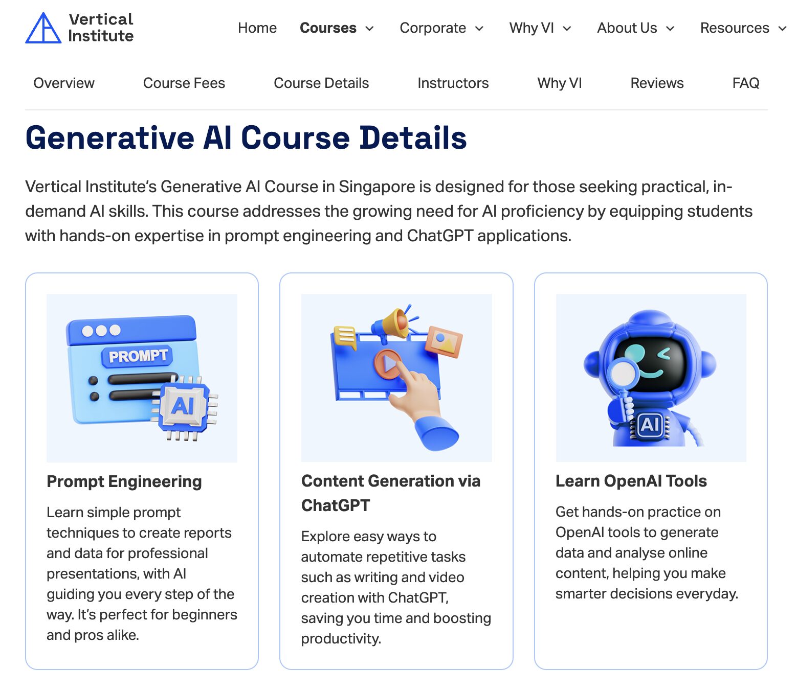 Overview of Vertical Institute's Generative AI course details