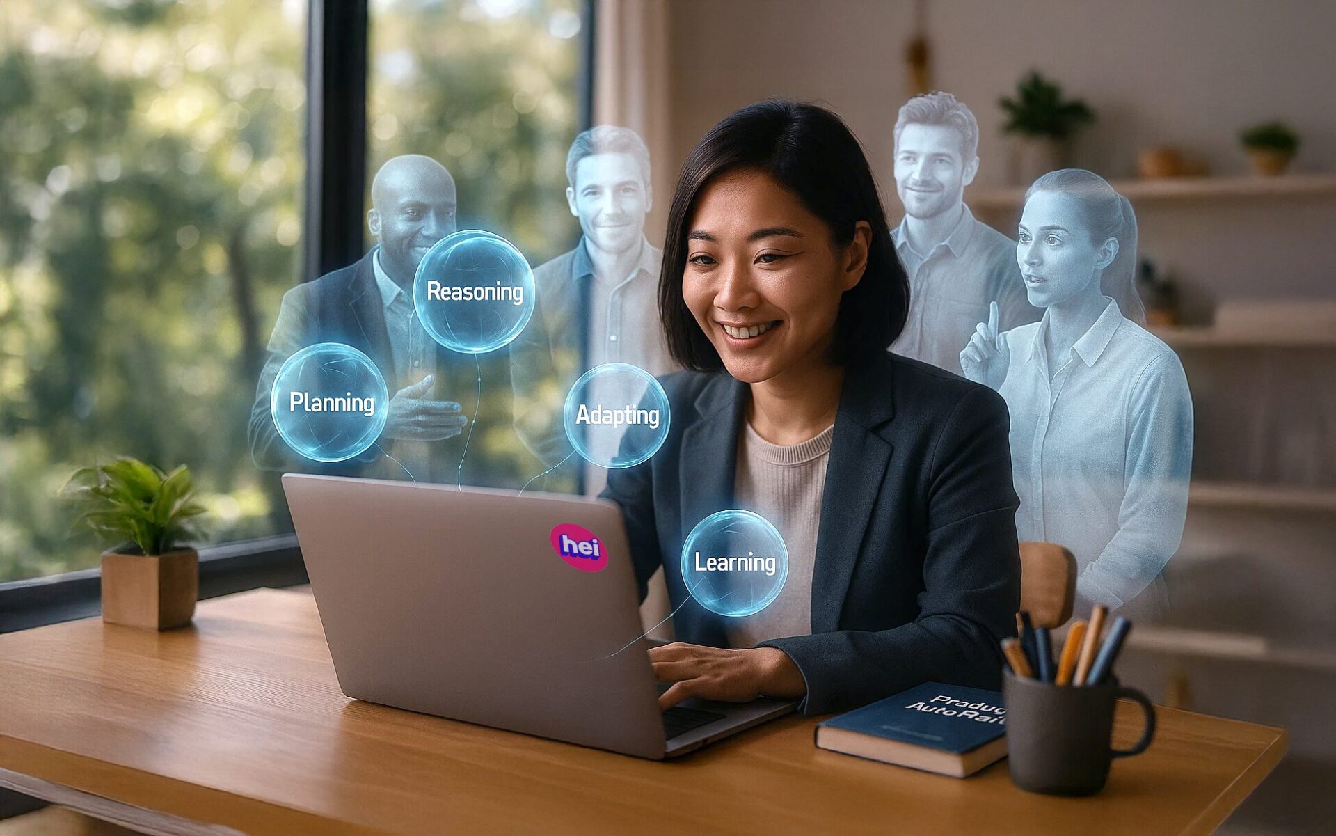 AI Agent Capabilities – Planning, Reasoning, Adapting, Learning | Heicoders Academy Professional using AI Agents for planning, reasoning, adapting, and learning in a modern Singapore office environment.