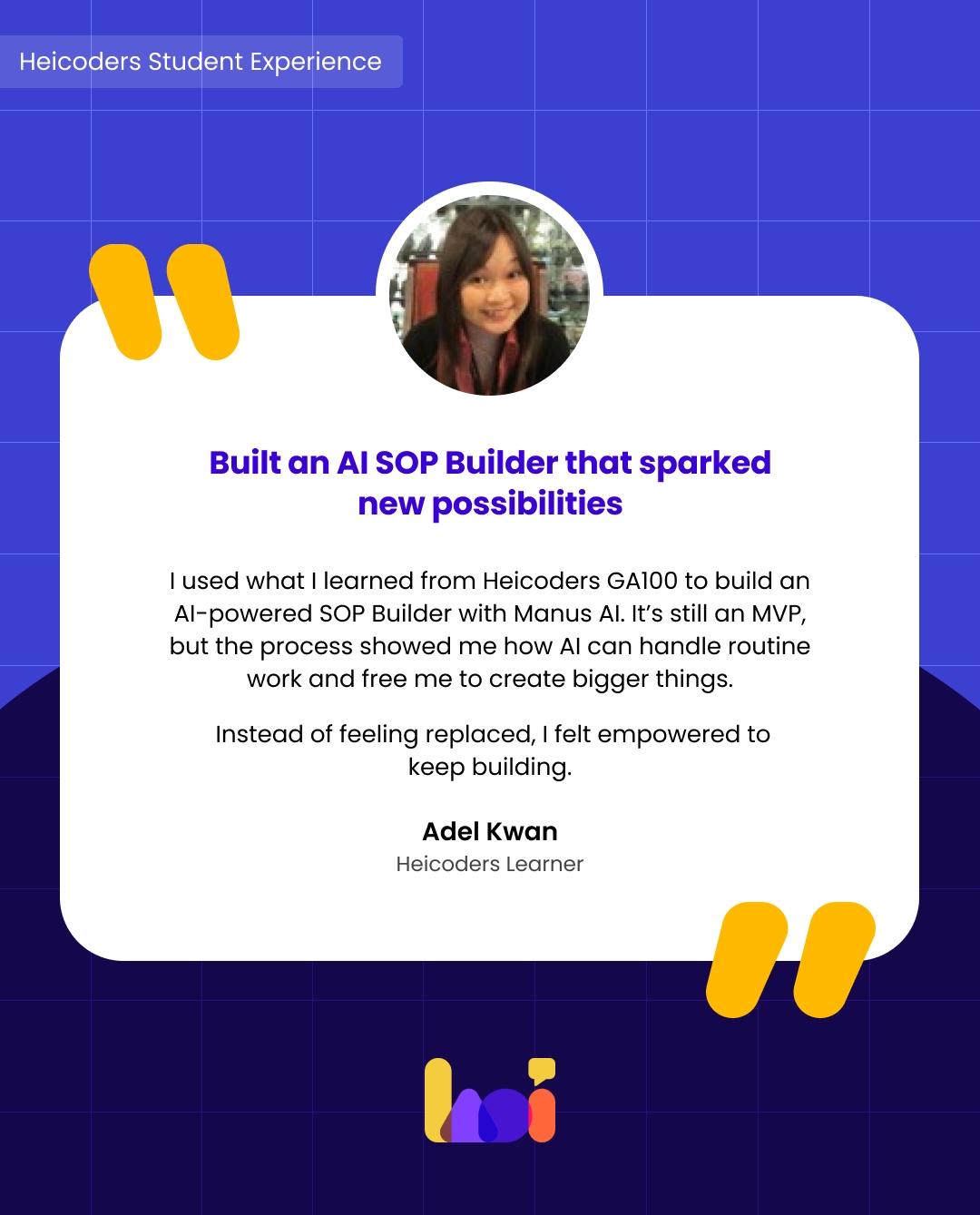 Student, Adel, sharing her second feedback on using Manus AI during Heicoders' Generative AI course.