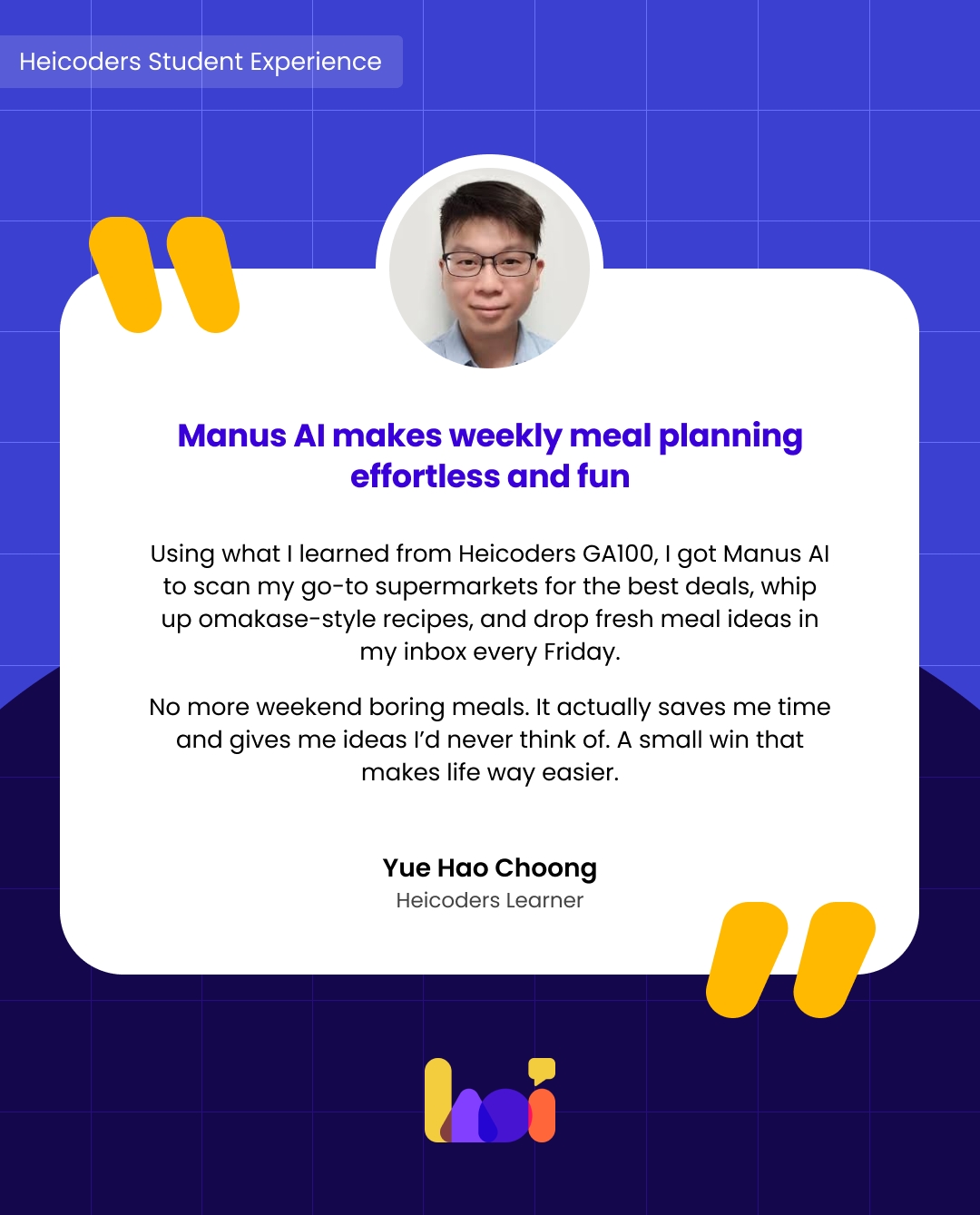 Heicoders student, Yue Hao, sharing his feedback on using Manus AI during Heicoders' Generative AI course.