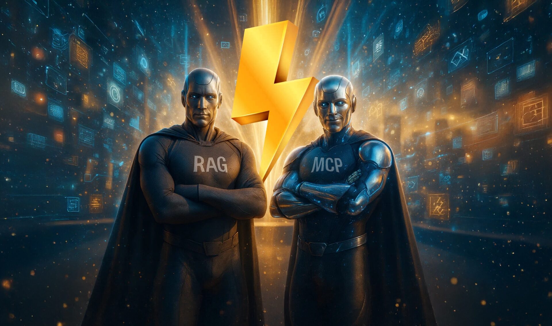 RAG and MCP represented as powerful superhero figures standing against futuristic digital cityscape, symbolising the missing ingredients that transform generic AI agents into enterprise-ready business tools