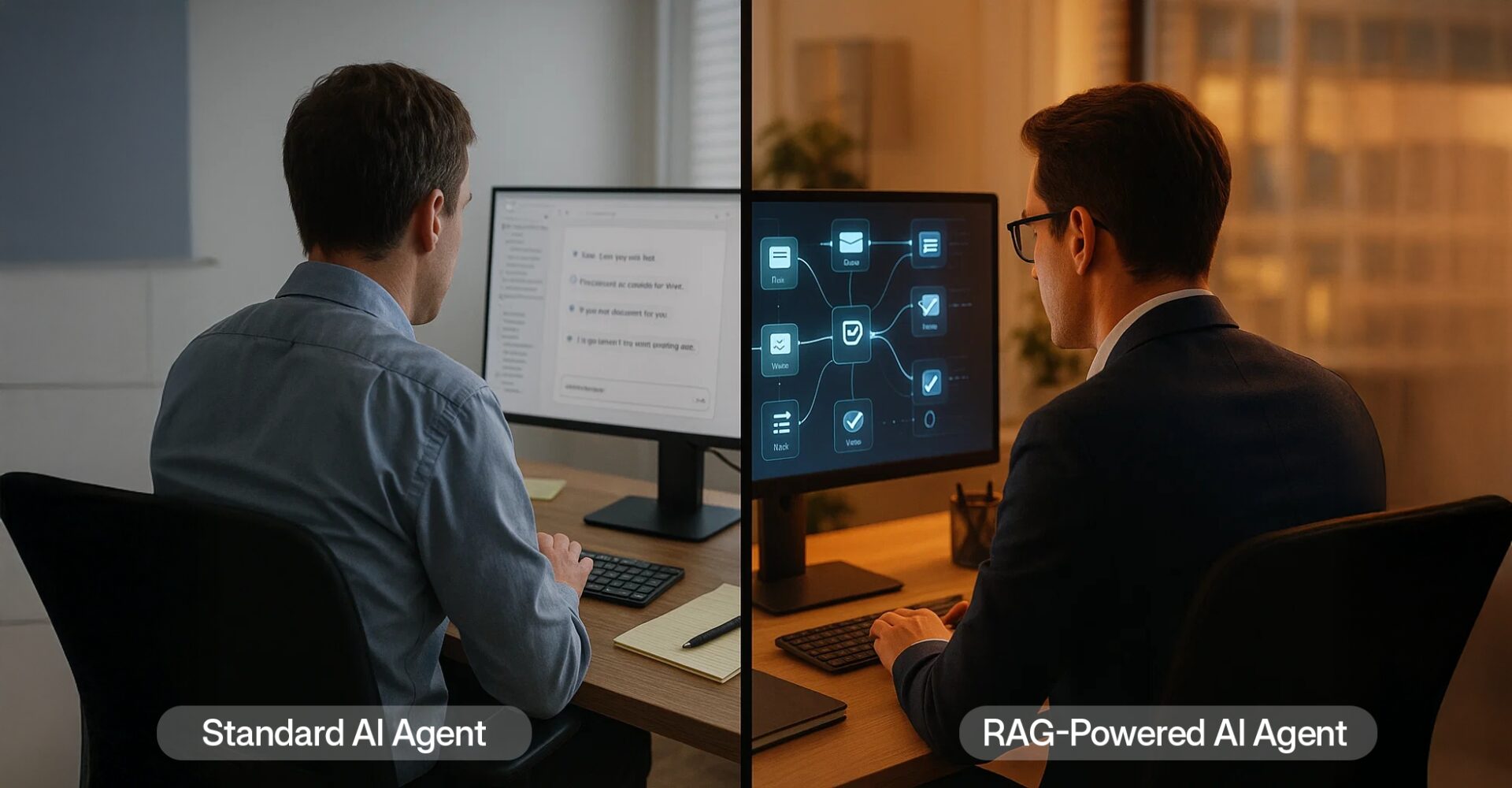 Comparison of standard AI agent with limited capabilities versus RAG-powered AI agent with access to company knowledge base and integrated data systems