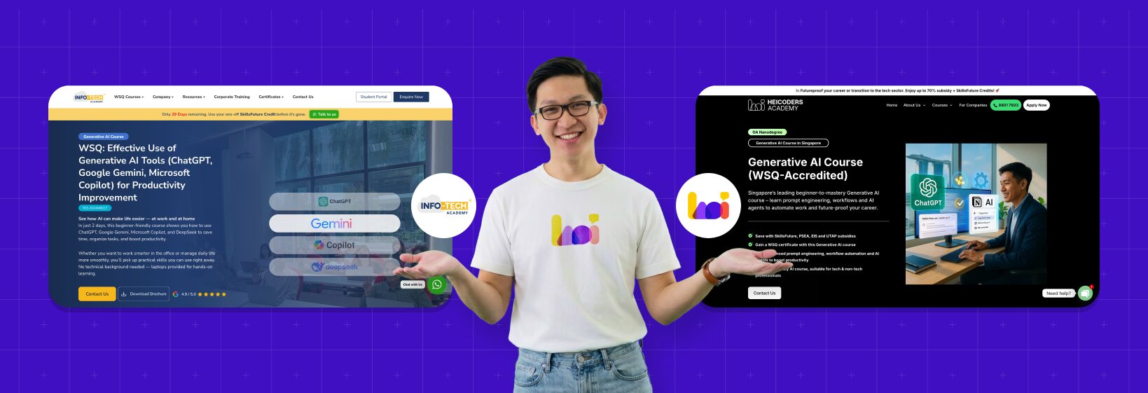  Comparison of Heicoders Academy GA100 Generative AI course and InfoTech Academy's ChatGPT productivity course landing pages with a person in the middle presenting both options