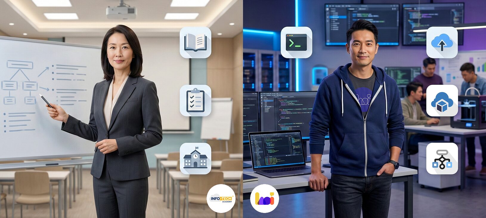 Split image comparing InfoTech's professional trainer in a classroom setting versus Heicoders' tech industry practitioner in a modern tech workspace with code on screens