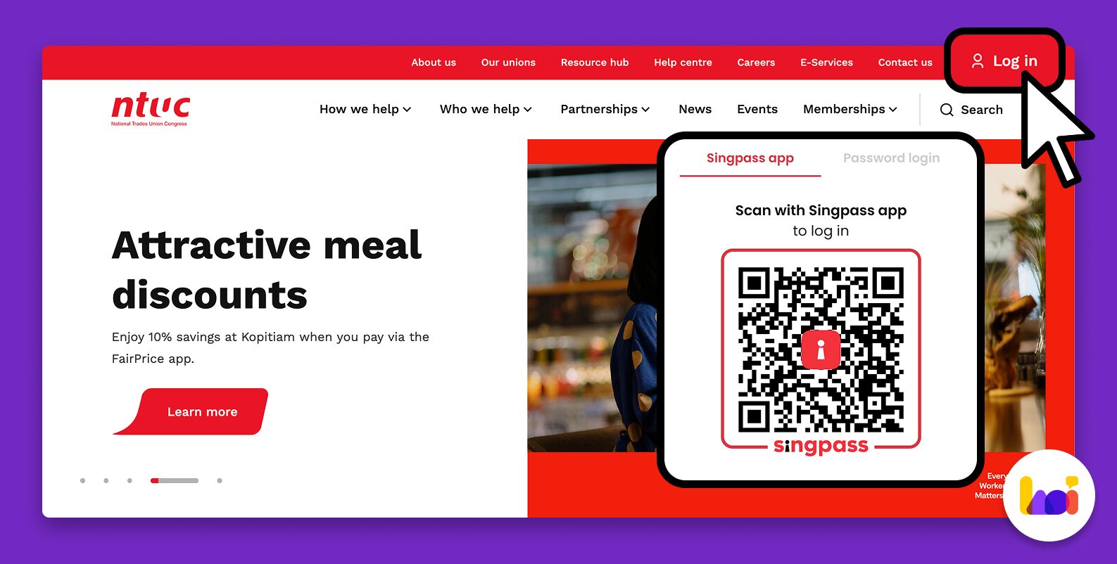 Step 1: Log in to NTUC U Portal for UTAP Claim Screenshot showing NTUC U Portal login page with Singpass login button highlighted for UTAP claim process