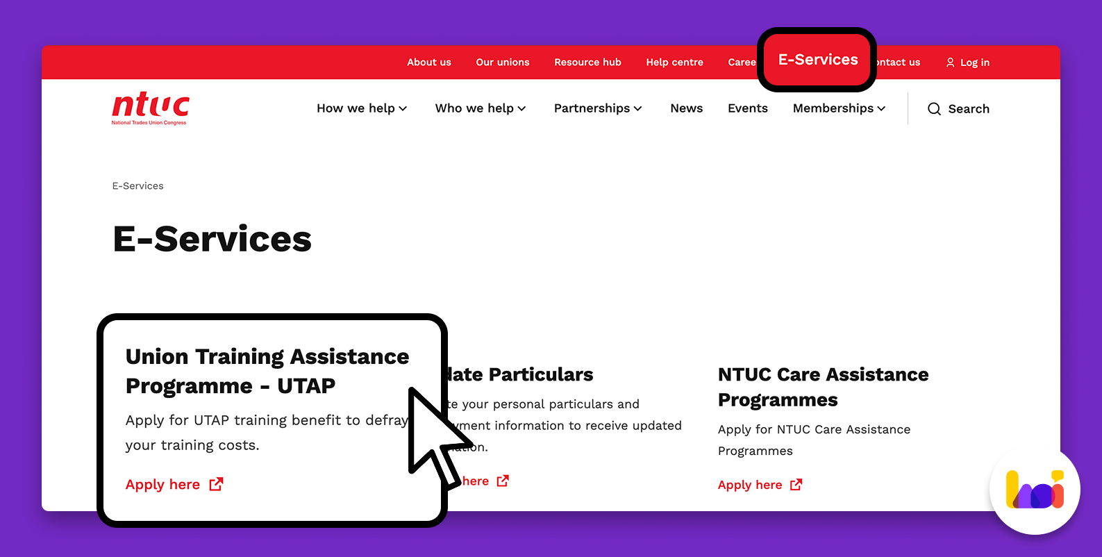 Step 2: Navigate to UTAP Application Page Screenshot of NTUC U Portal dashboard showing navigation menu with UTAP application option highlighted