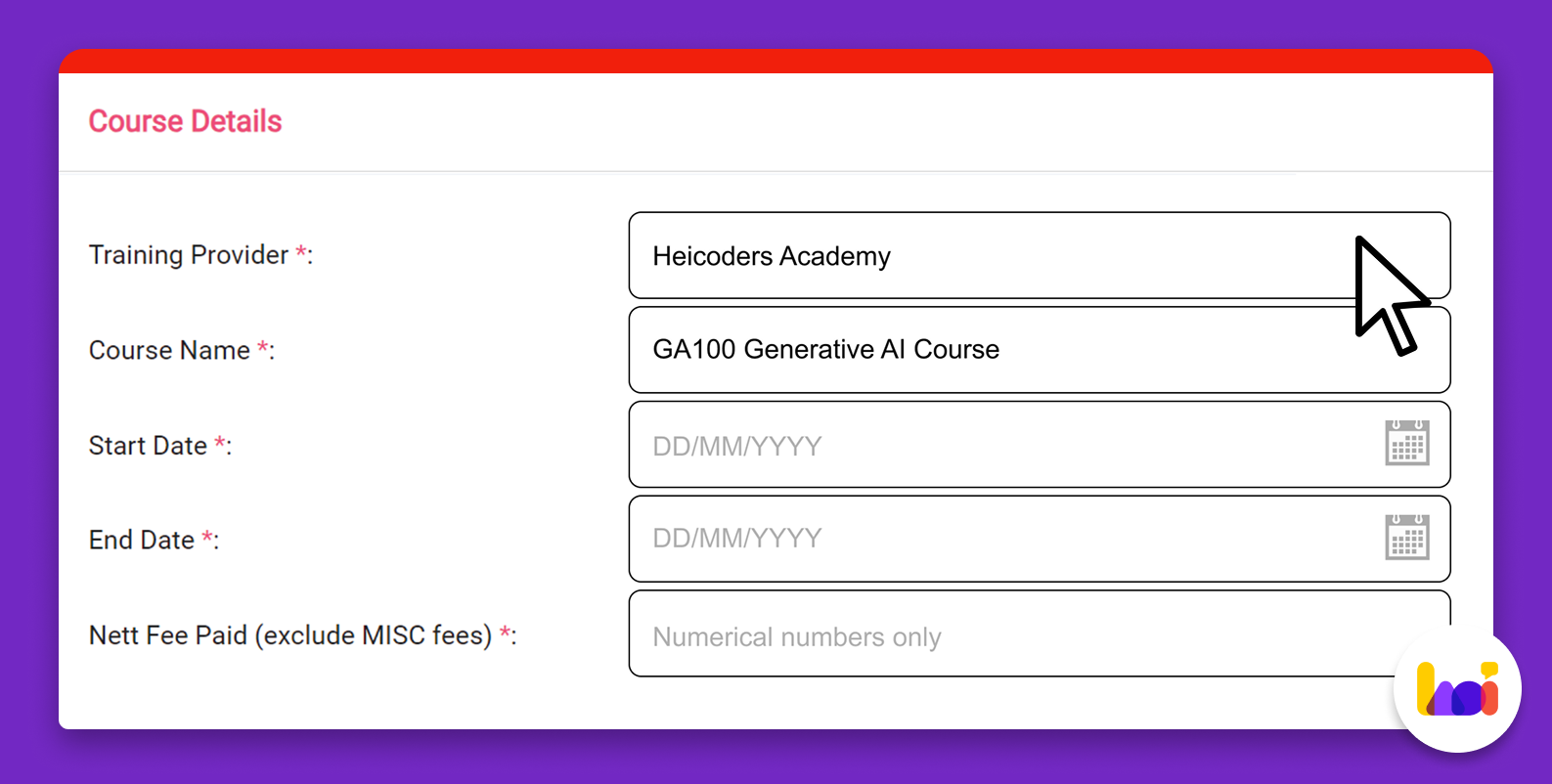 Step 3: Fill in Your Course Details for UTAP Claim Screenshot of UTAP application form showing course details fields including course name, provider, fees, and dates