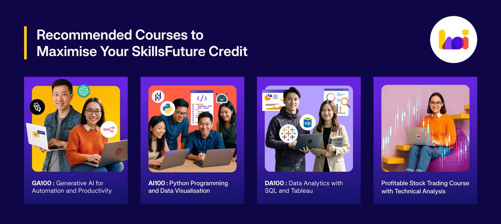 Recommended SkillsFuture Courses to Maximise Your Credit - Heicoders Academy Four course cards showing Heicoders' SkillsFuture-eligible courses: GA100 Generative AI, AI100 Python Programming, DA100 Data Analytics, and Profitable Stock Trading Course, each with student photos and course icons