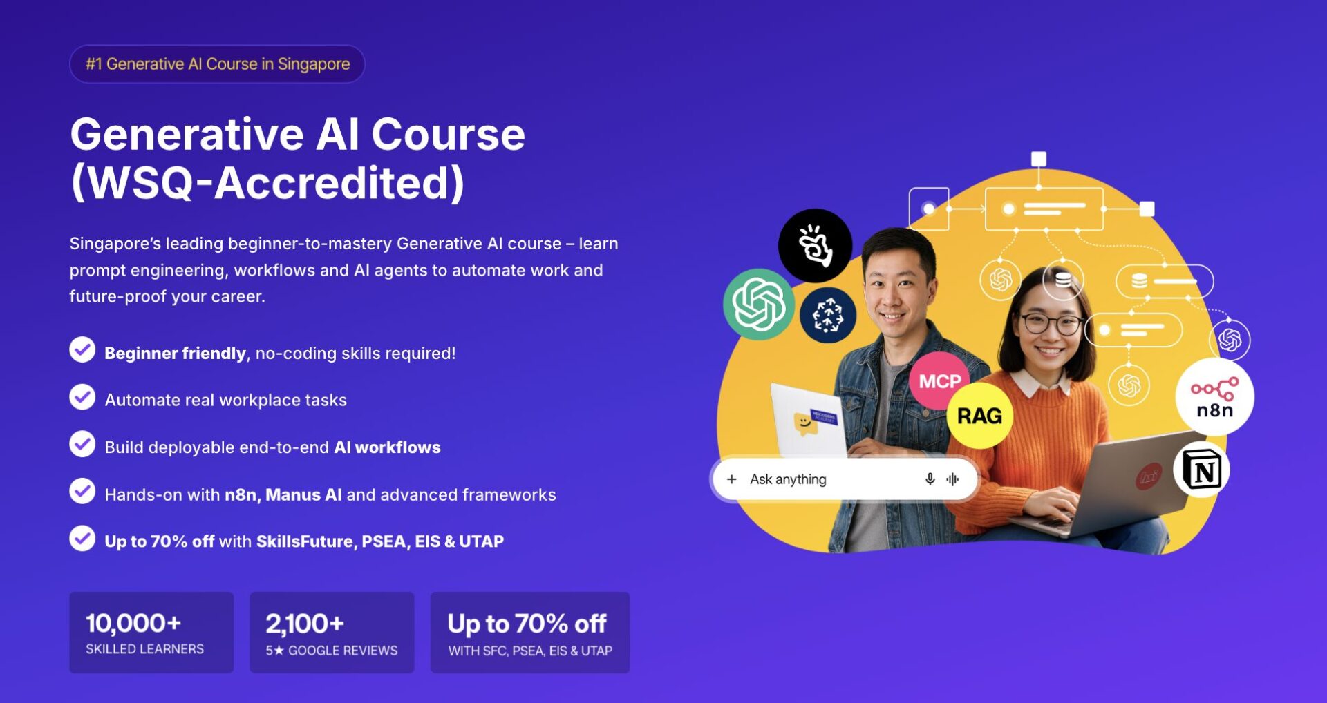 Heicoders Generative AI Course Singapore - WSQ-accredited beginner-friendly AI training covering prompt engineering, AI workflows, n8n automation, and AI agents with SkillsFuture subsidies.