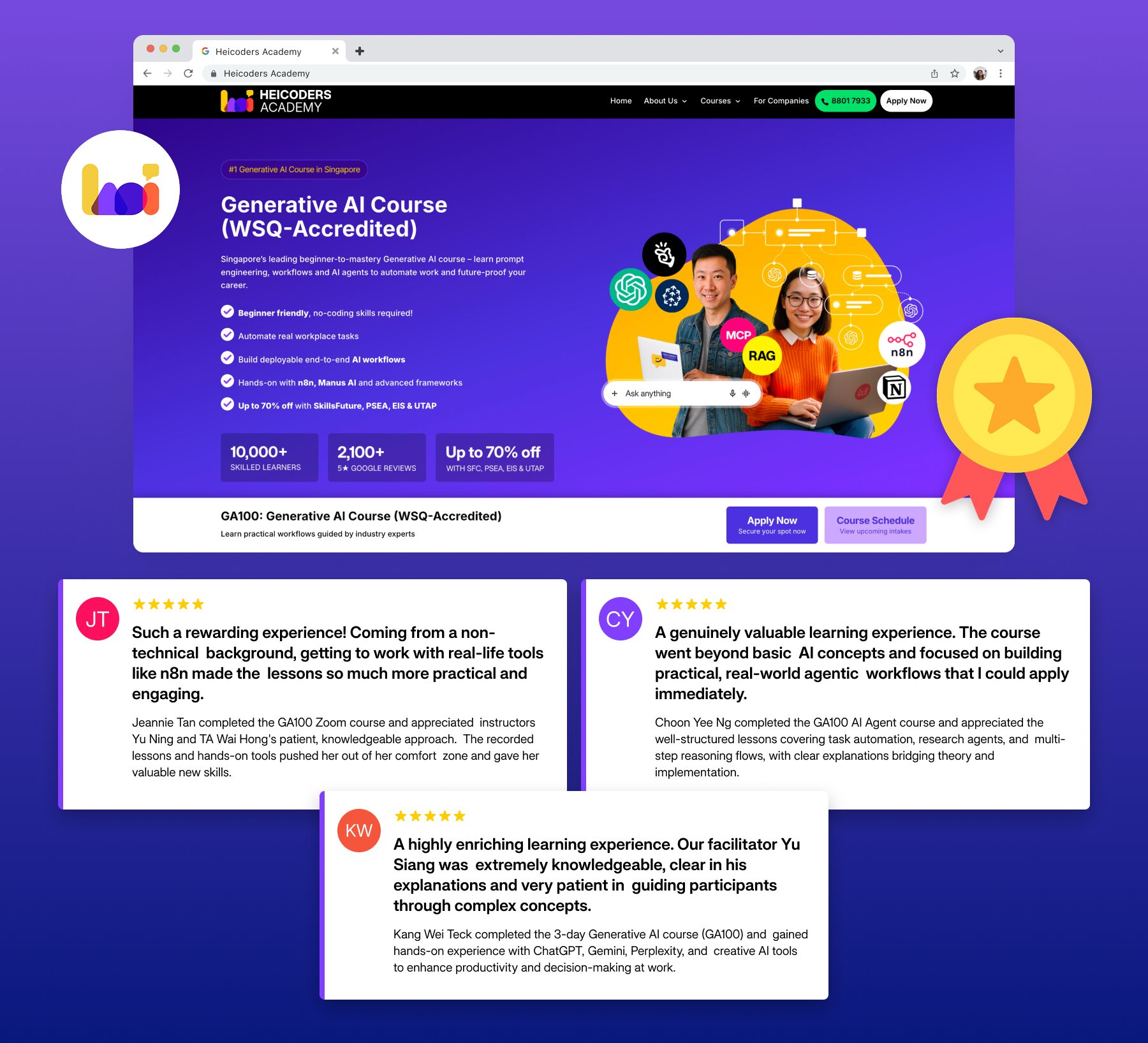 Heicoders Generative AI Course Singapore - WSQ-accredited beginner-friendly AI training covering prompt engineering, AI workflows, n8n automation, and AI agents with SkillsFuture subsidies.
