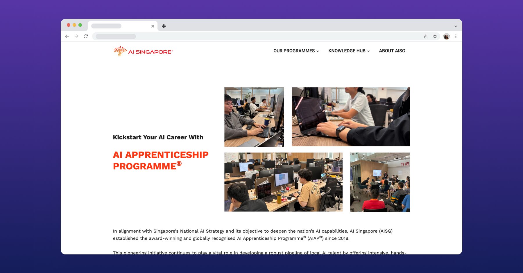 Screenshot of AI Singapore’s website promoting the AI Apprenticeship Programme with trainees learning in a collaborative environment.