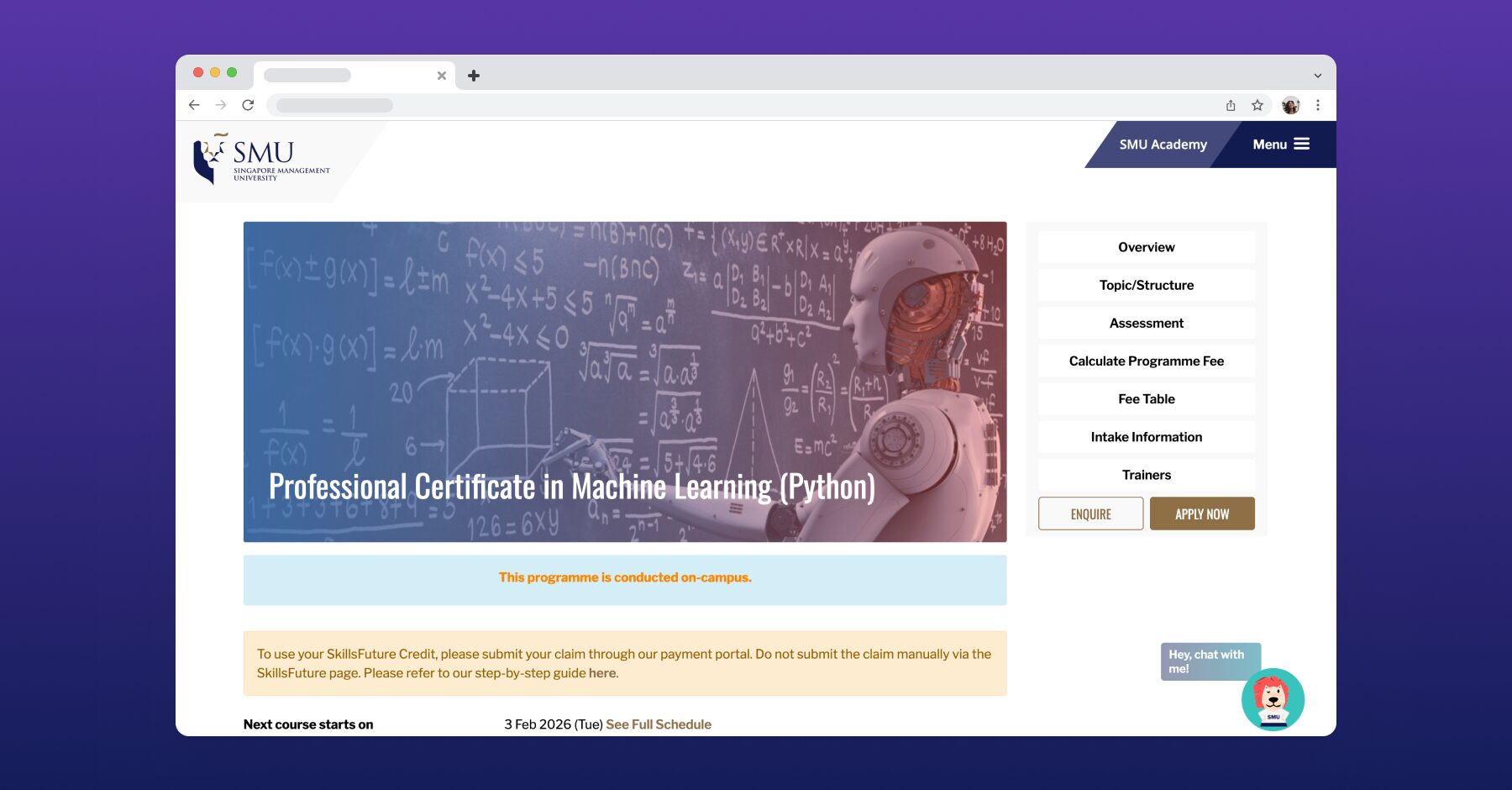 Screenshot of SMU’s Professional Certificate in Machine Learning (Python) featuring a humanoid robot and mathematical formulas on a chalkboard.