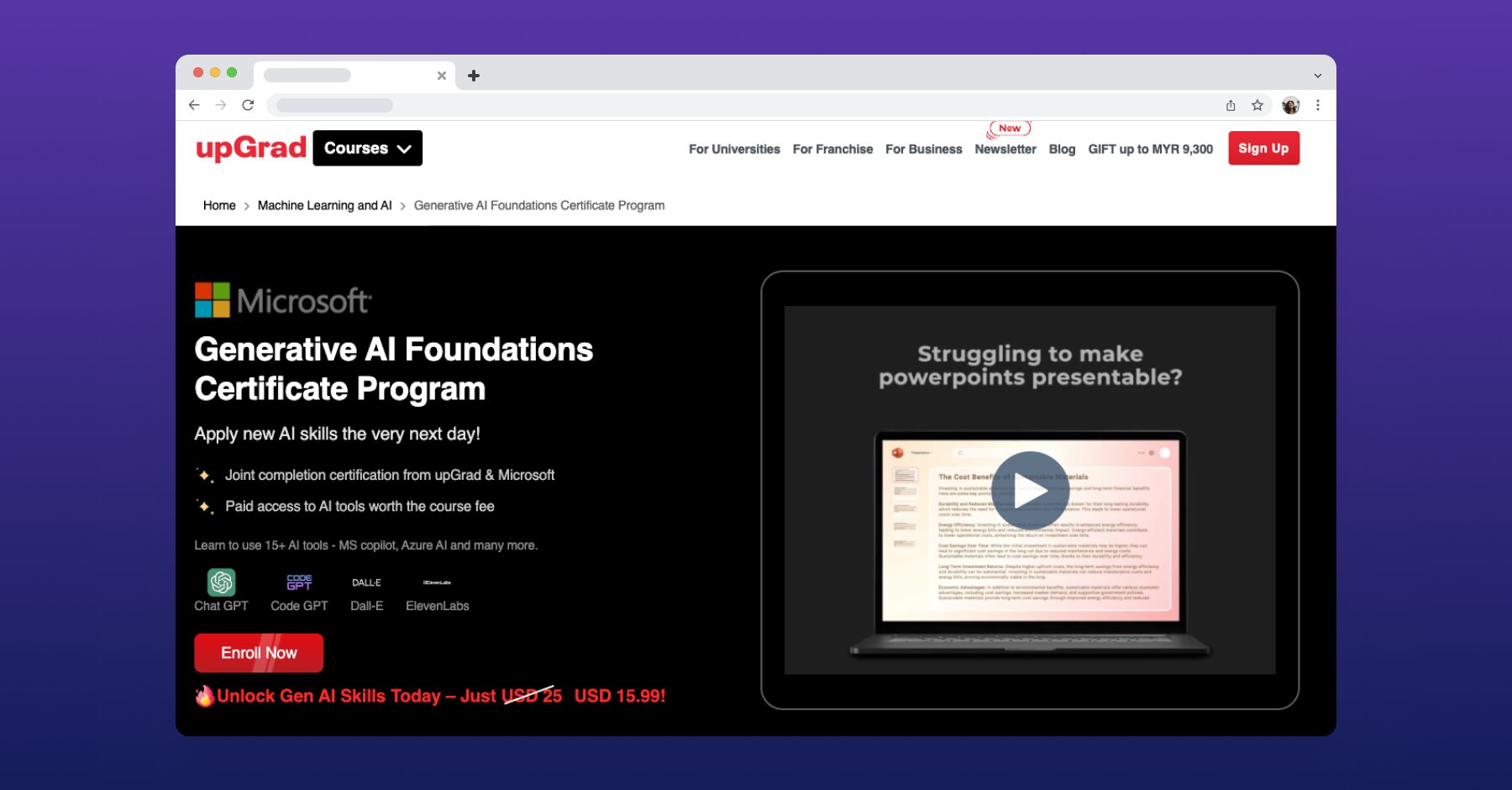 Screenshot of upGrad and Microsoft’s Generative AI Certificate Program promoting hands-on learning with tools like ChatGPT, DALL-E, and MS Copilot.