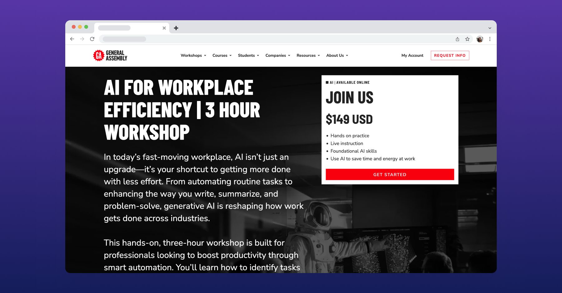 General Assembly’s 3-hour AI for Workplace Efficiency workshop focused on hands-on generative AI skills for productivity.</p>
<p>