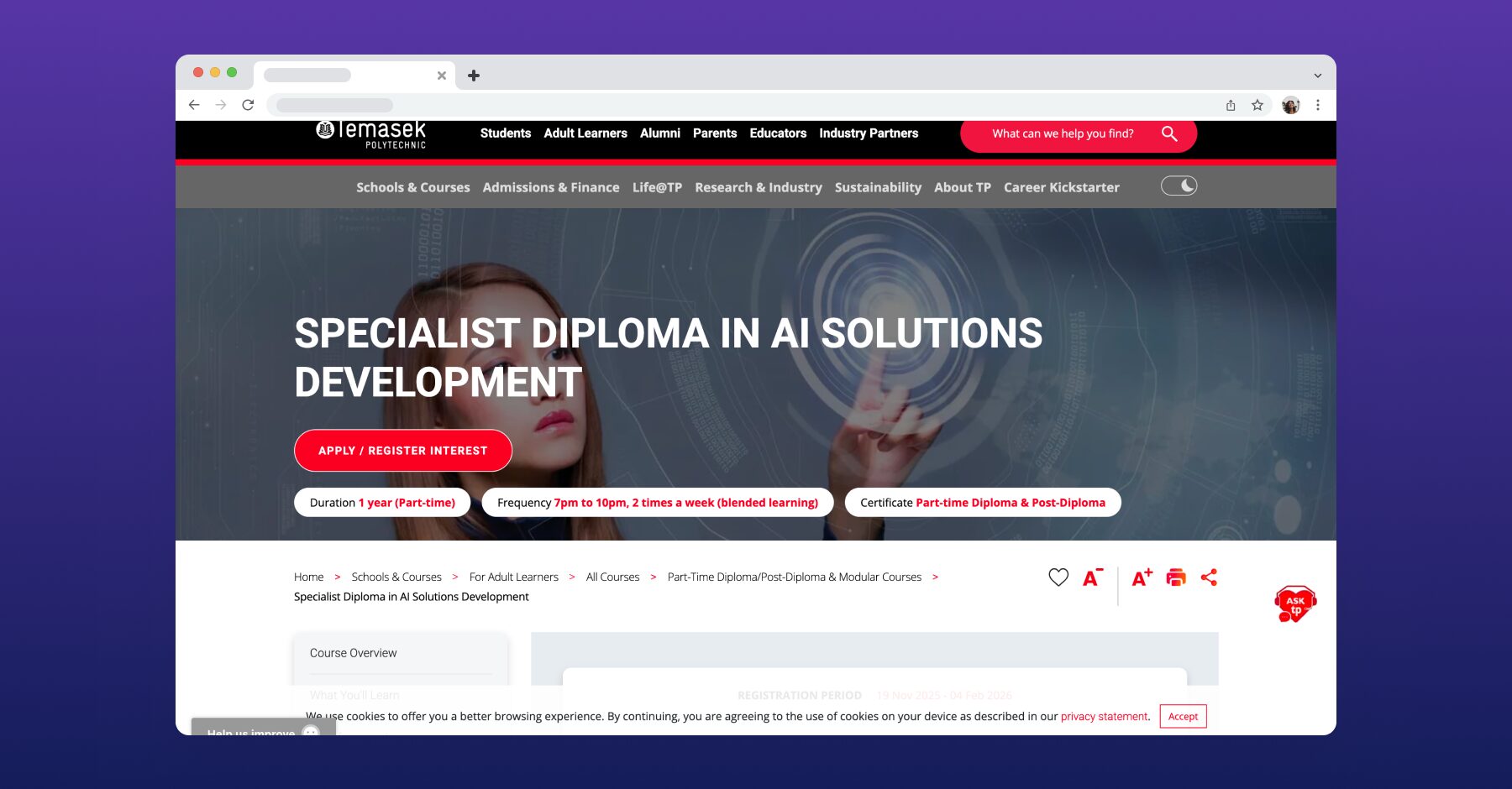 Temasek Polytechnic's Specialist Diploma in AI Solutions Development course banner