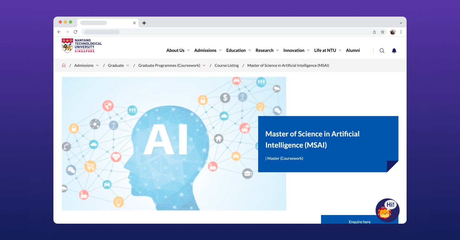 Nanyang Technological University (NTU)'s MSc in Artificial Intelligence banner