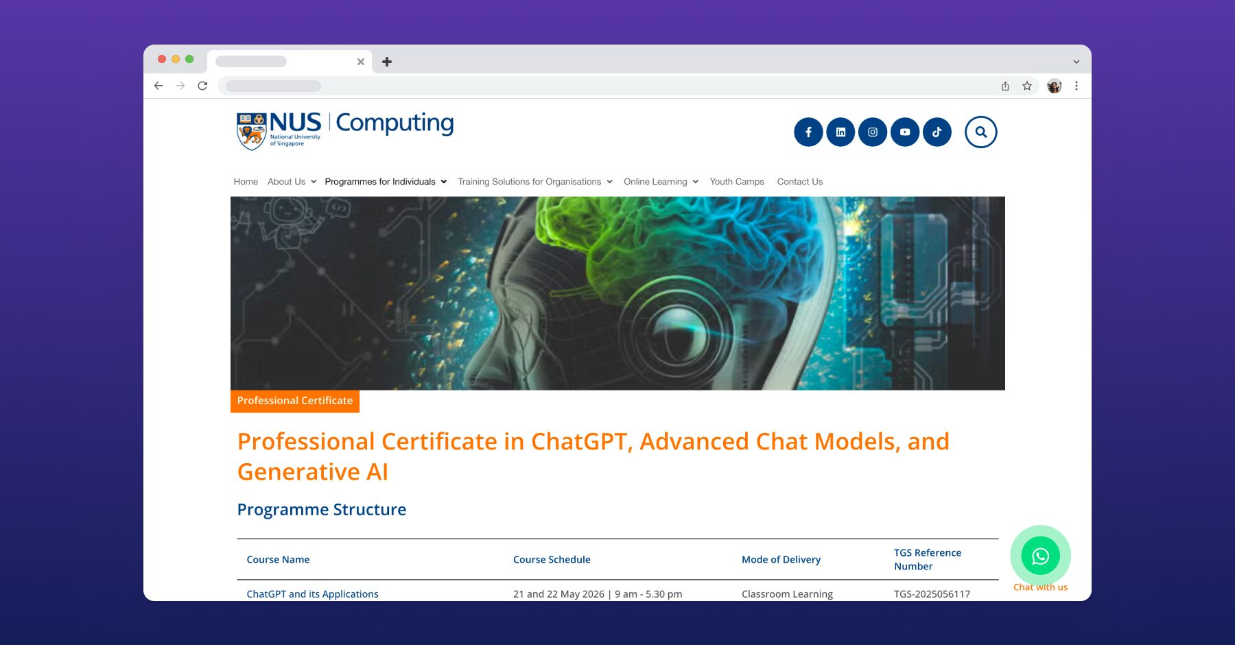 National University of Singapore (NUS)'s Professional Certificate in ChatGPT, Advanced Chat Models, and Generative AI banner