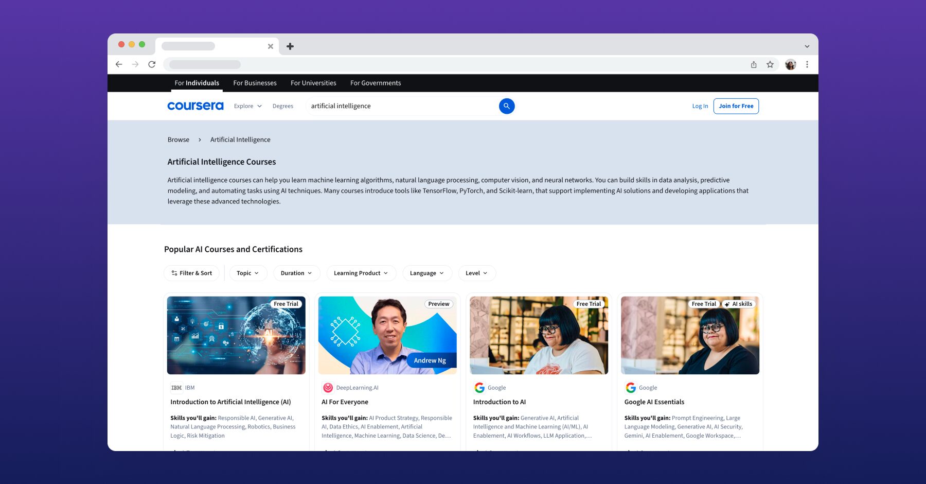 Screenshot of online AI courses including IBM and DeepLearning.AI on Coursera, showing beginner-friendly options for learners in Singapore.