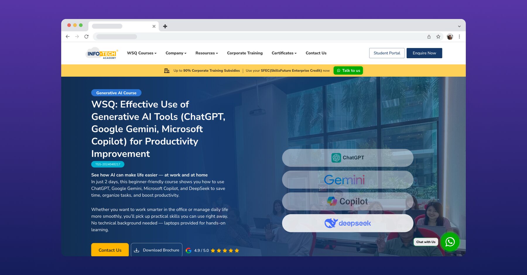 WSQ-certified Generative AI course by Info-Tech Academy in Singapore focusing on productivity tools like ChatGPT, Google Gemini, and Microsoft Copilot.
