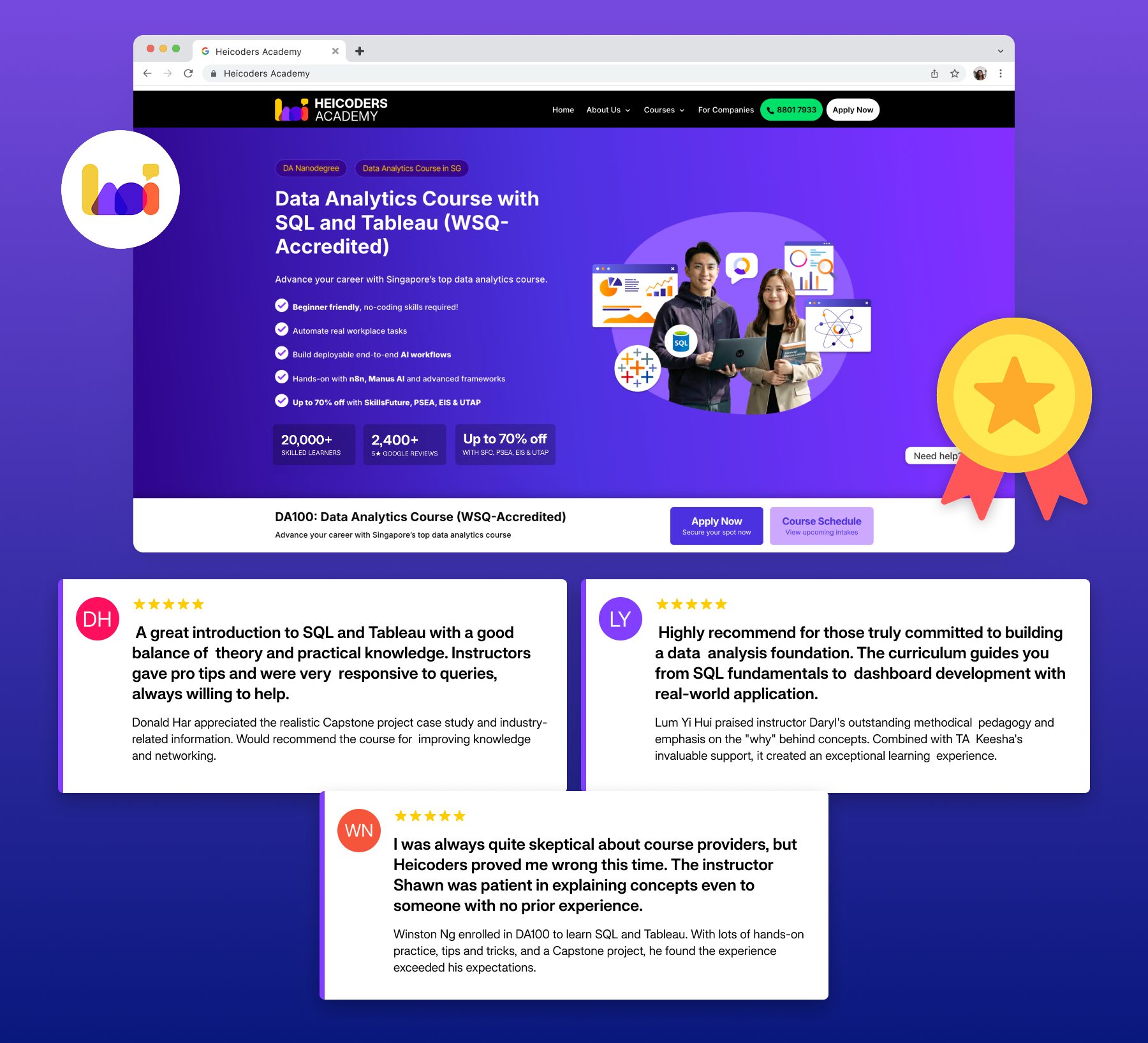 Heicoders Data Analytics Course Singapore DA100 - WSQ-accredited SQL Tableau training with 20,000+ learners, 2,400+ 5-star reviews, up to 70% subsidy