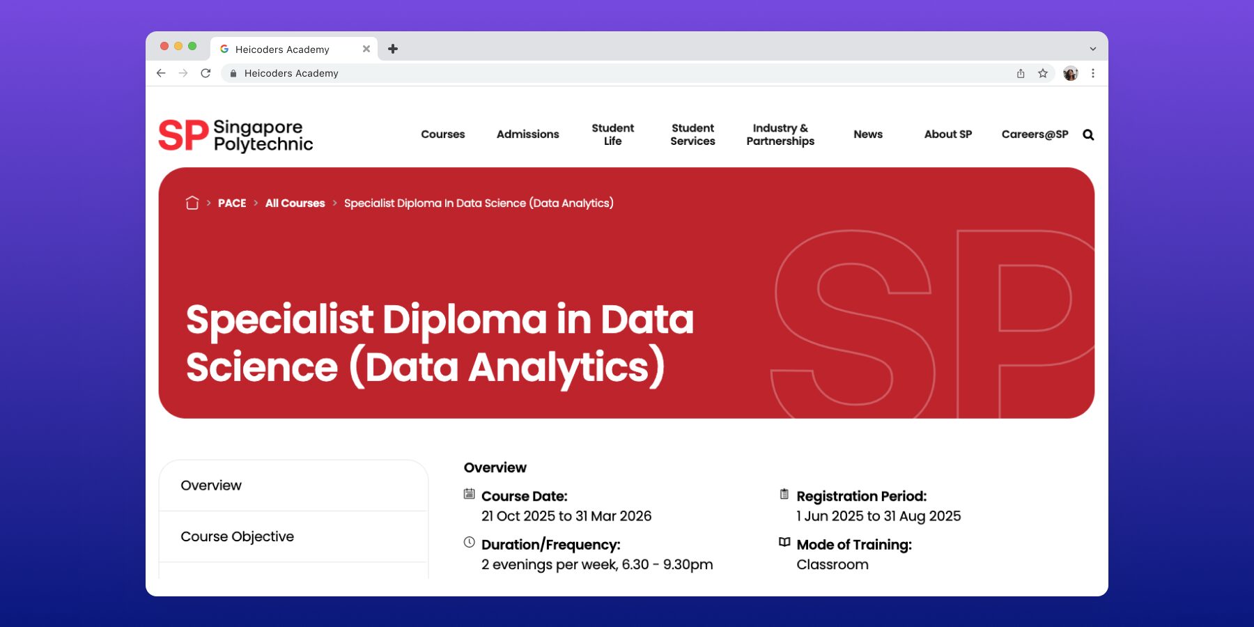 Singapore Polytechnic SP Specialist Diploma Data Science Data Analytics - part-time evening program with SSG funding