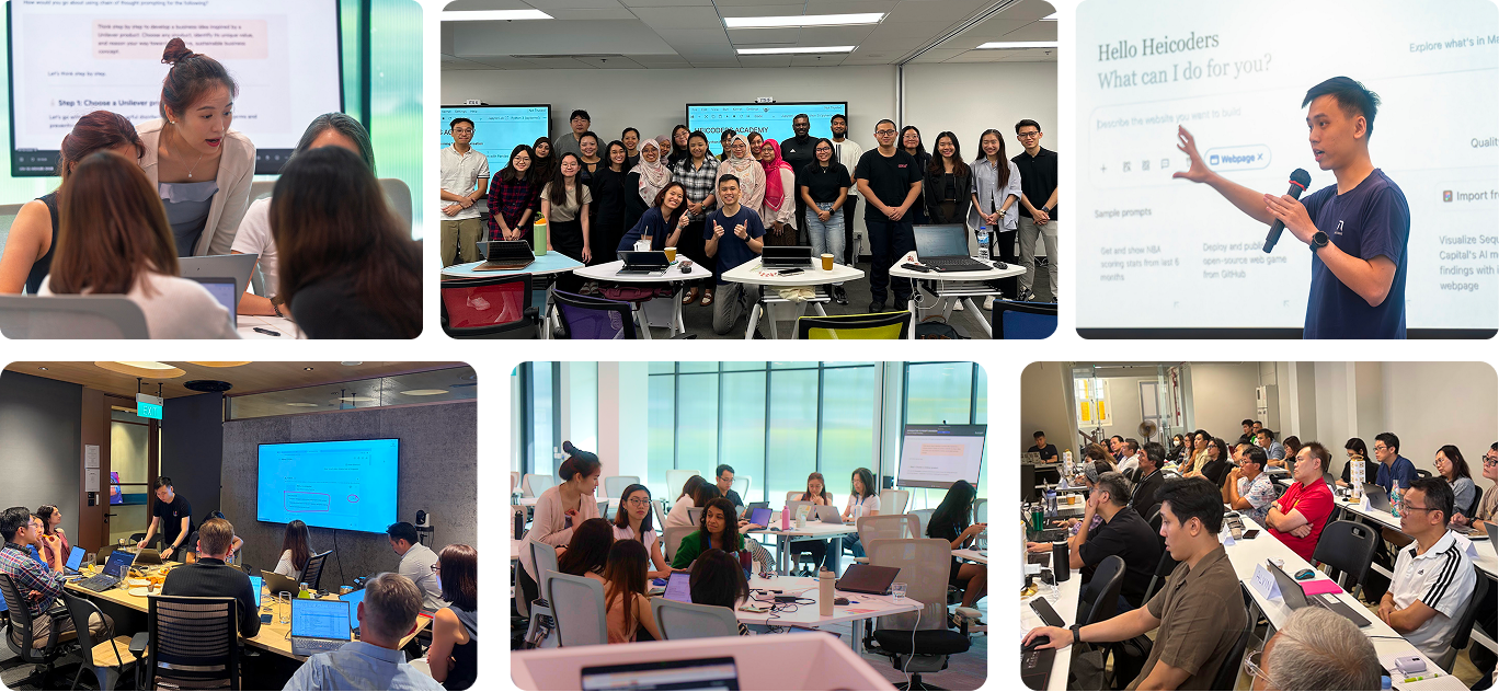 Heicoders Academy data analytics classroom Singapore - hands-on learning, instructor teaching, group photo, collaborative environment