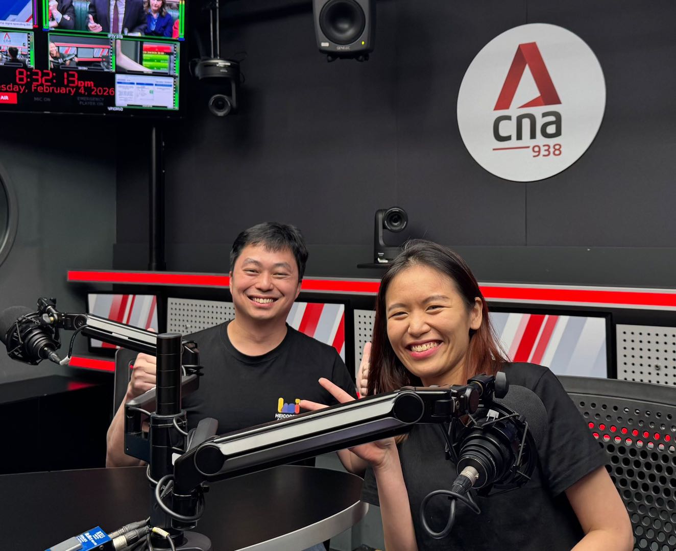 Kong Yu Ning and Bei Min Yan at the CNA 938 radio studio recording their "A Letter to Myself" interview