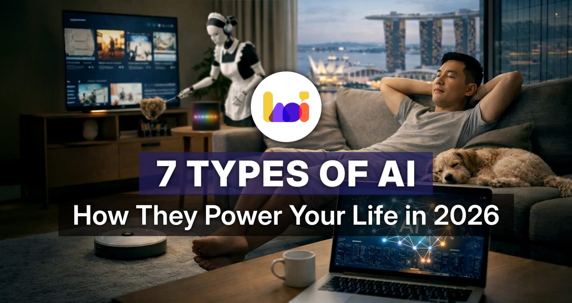 Illustrated concept of 7 types of AI in 2026 — a man relaxes on a sofa with a robot assistant, smart TV, robot vacuum, and AI-powered laptop in a Singapore apartment