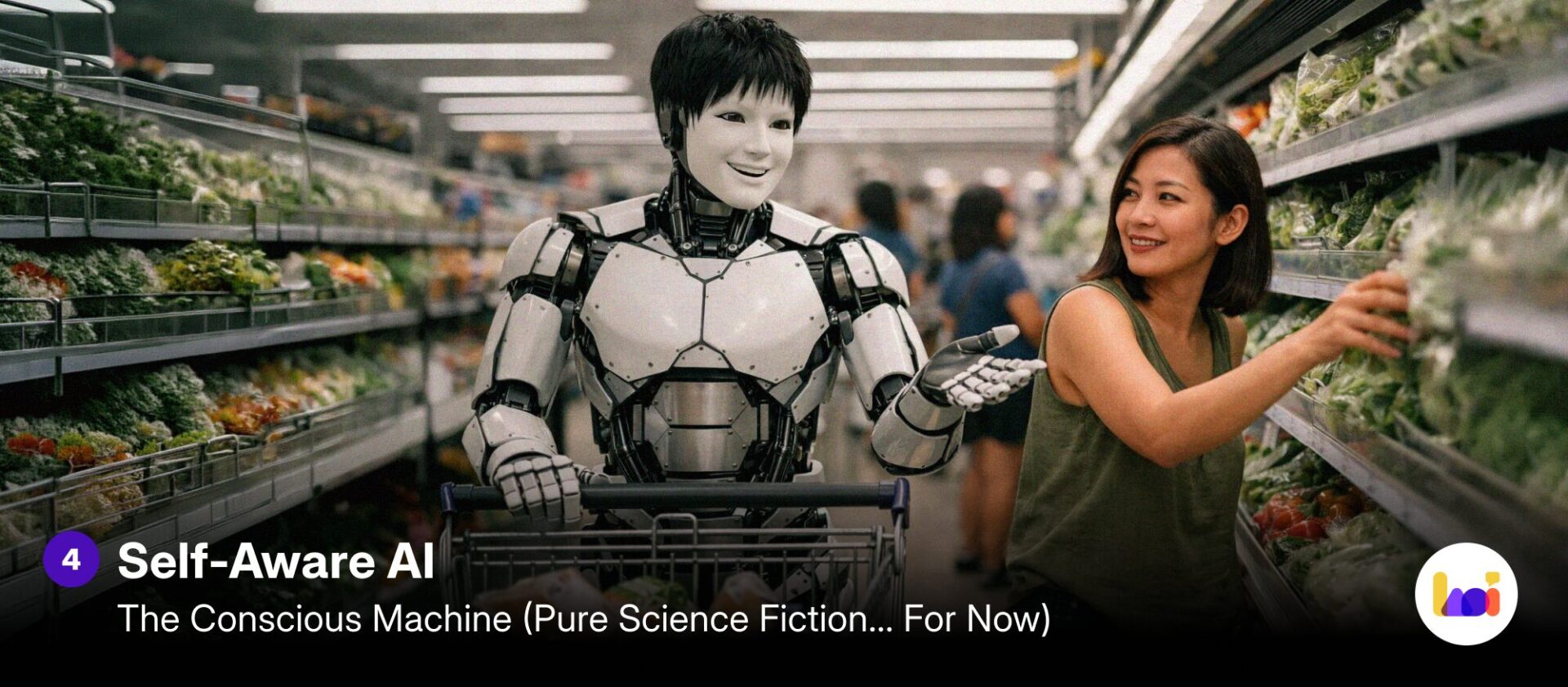 A humanoid robot with a white face mask pushes a shopping trolley alongside a smiling woman in a supermarket, illustrating Self-Aware AI — a hypothetical conscious machine that does not yet exist
