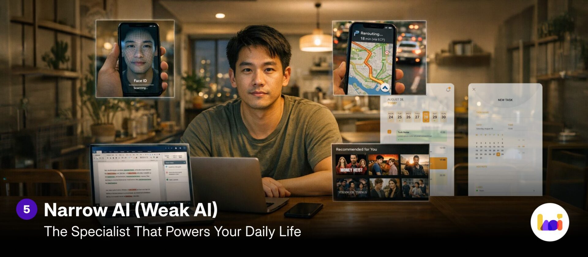 A man sits at a laptop surrounded by floating screens showing Narrow AI applications in daily life: Face ID facial recognition, GPS navigation rerouting, Netflix content recommendations, and a task management calendar — illustrating how Narrow AI powers everyday tools