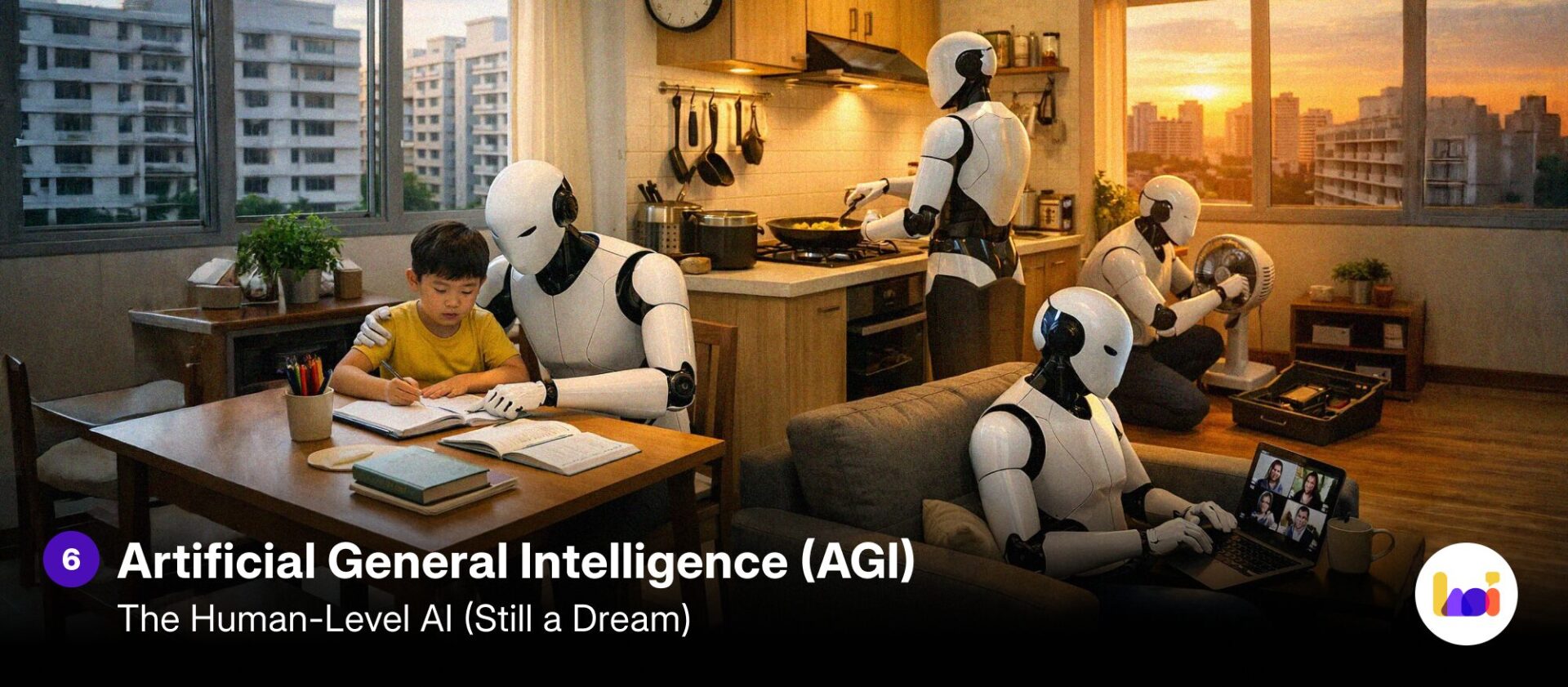 Four humanoid robots perform different household tasks simultaneously in a Singapore HDB flat at sunset: one helps a child with homework, one cooks at the stove, one repairs an appliance, and one joins a video call — illustrating Artificial General Intelligence (AGI) as human-level AI across all domains