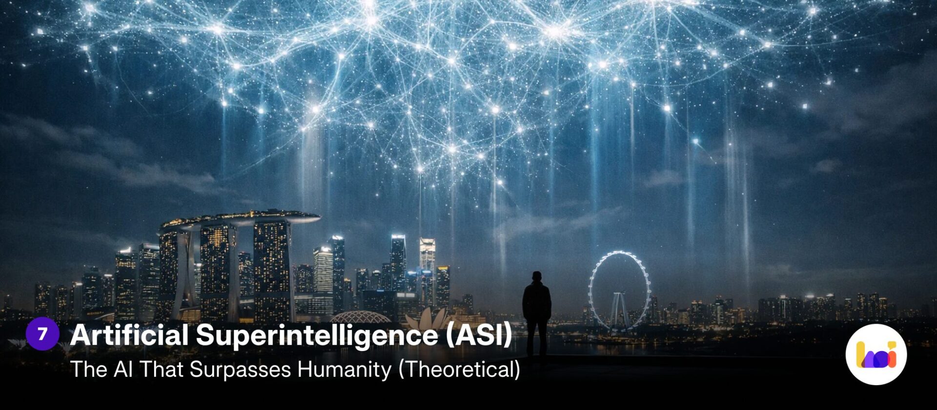 A lone figure stands before the Singapore skyline at night — featuring Marina Bay Sands, the Singapore Flyer, and the Esplanade — as vast glowing neural network beams of light descend from the sky, illustrating the theoretical scale of Artificial Superintelligence (ASI)